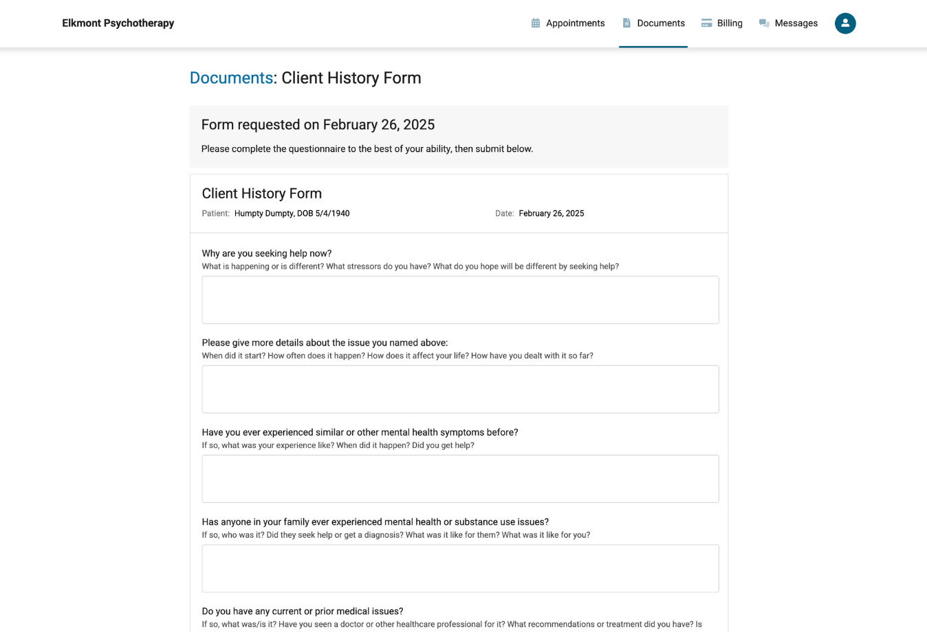 Image of TherapyNotes client history form in client portal