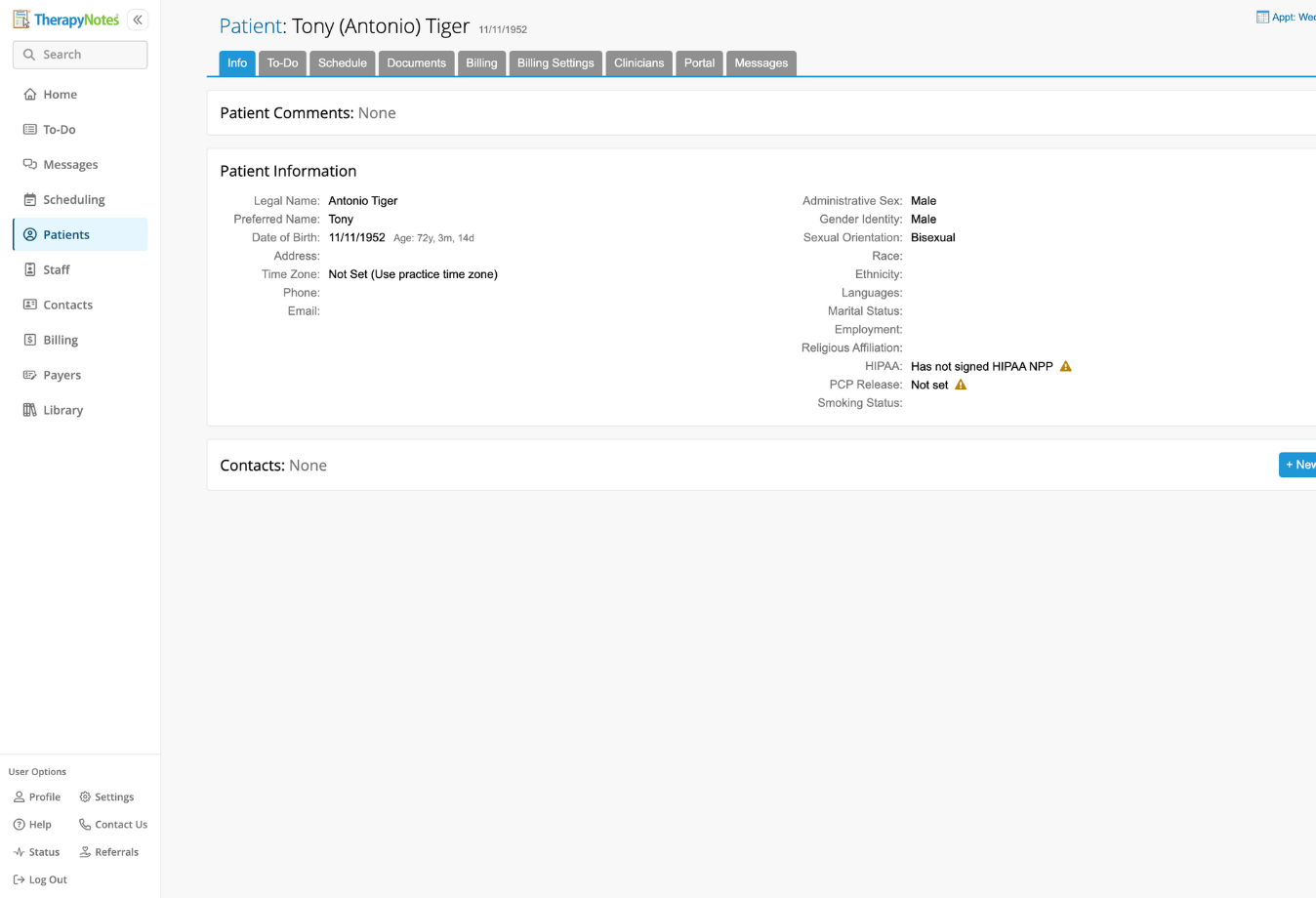 Image of TherapyNotes sample client face sheet
