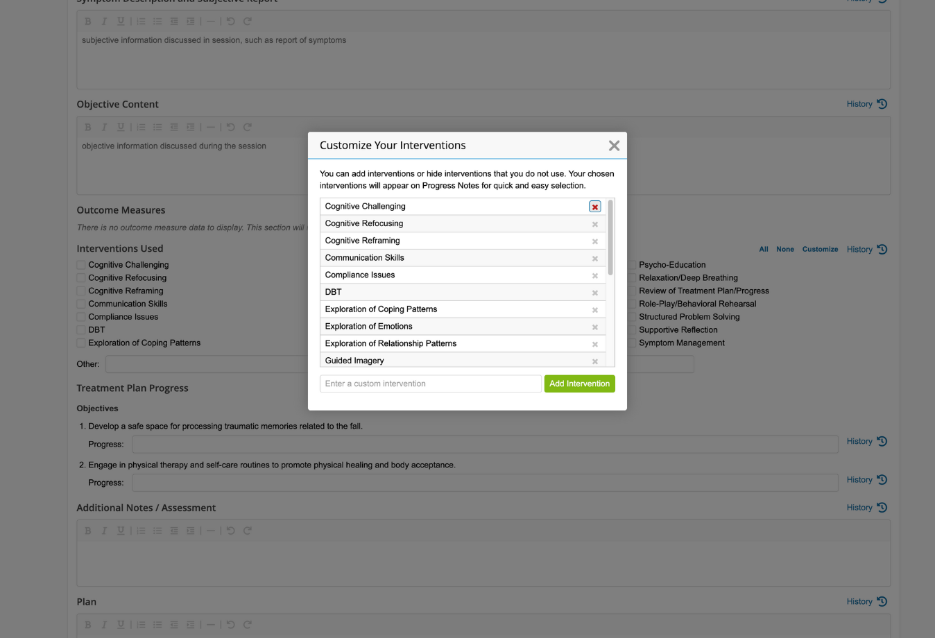 Image of customizing interventions in TherapyNotes progress note