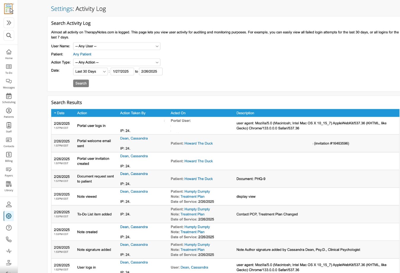 Image of TherapyNotes activity log