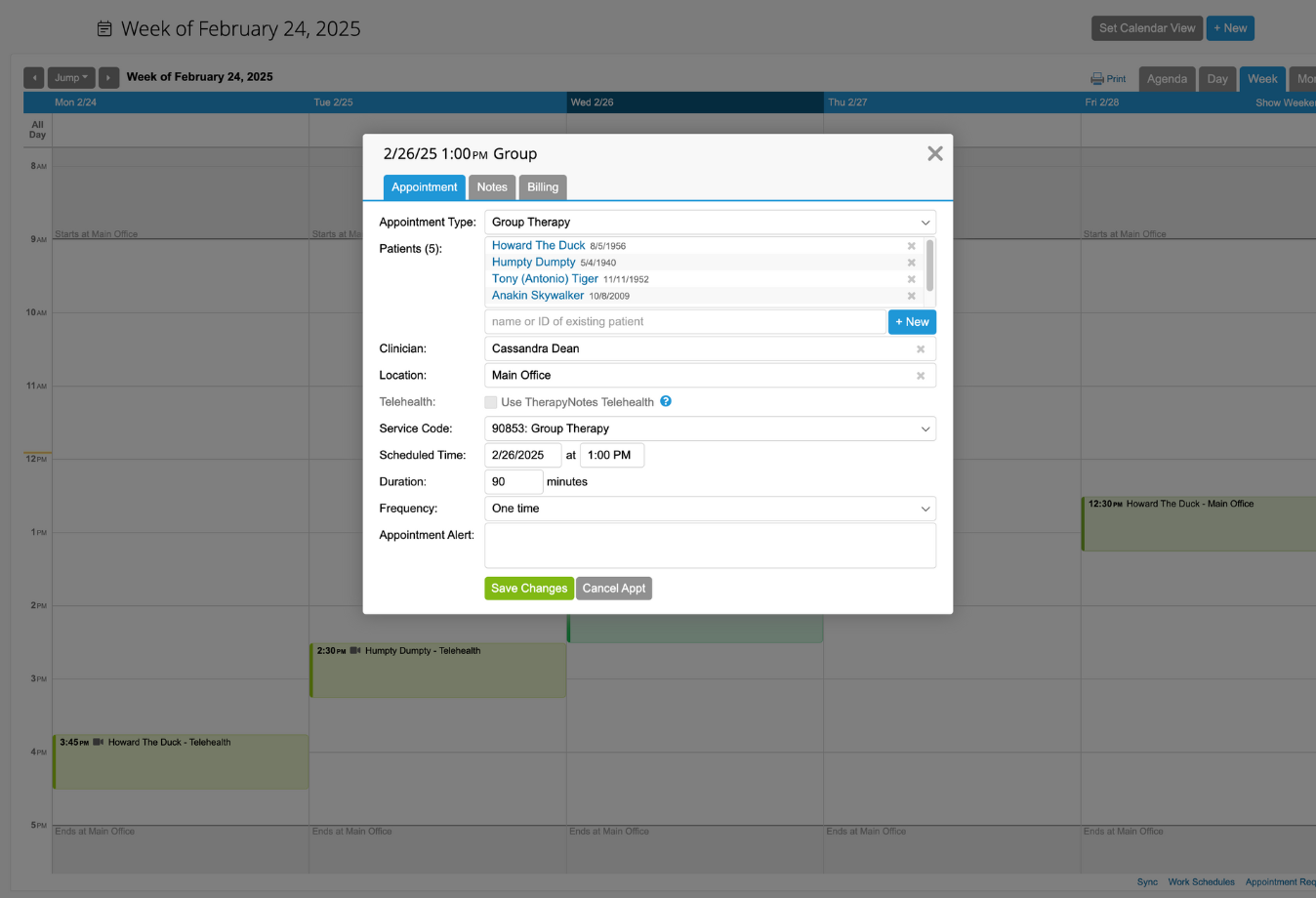 Image of TherapyNotes adding a group therapy appointment