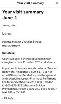 Image of Teladoc therapy visit summary