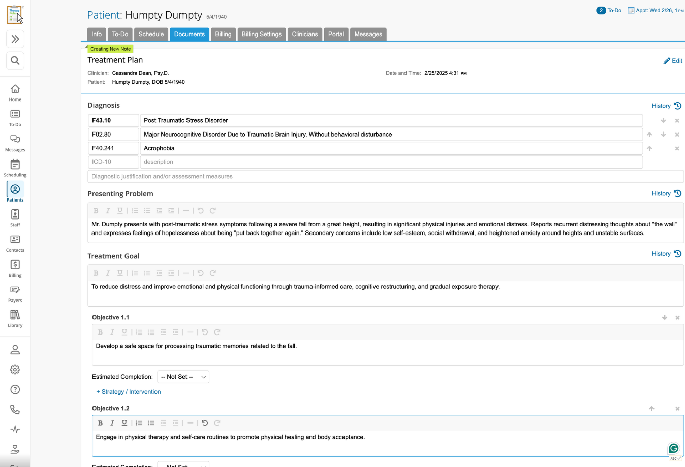 Image of TherapyNotes sample treatment plan