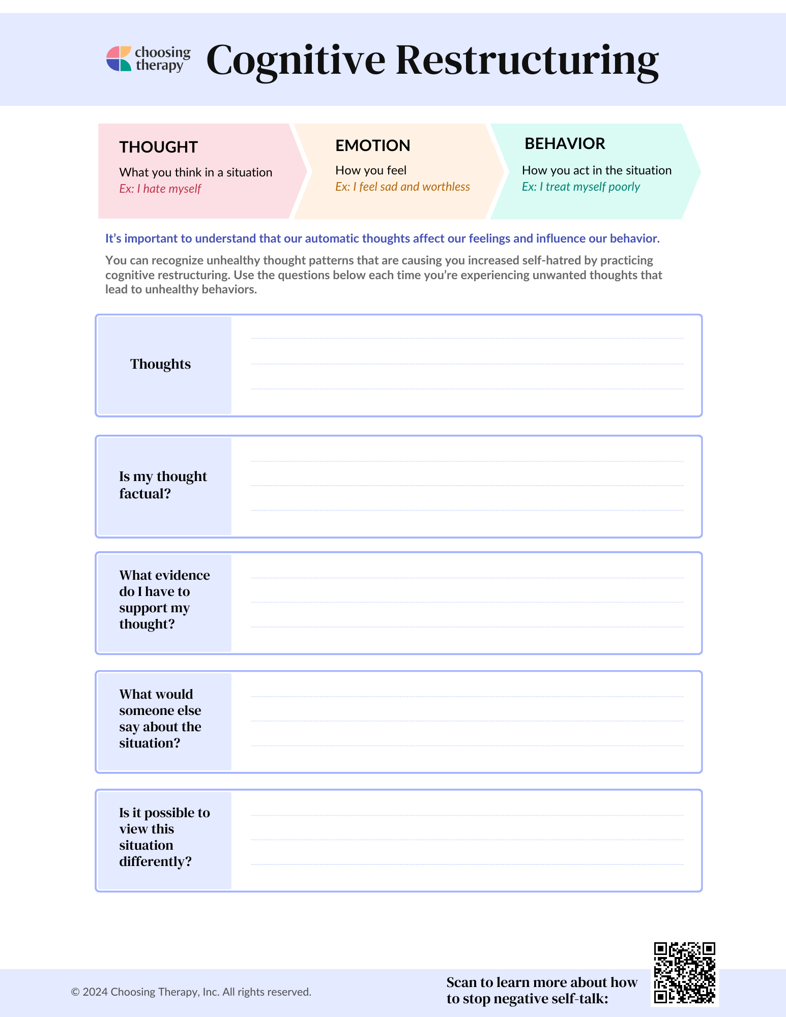 Cognitive Restructuring Self-Hatred Worksheet