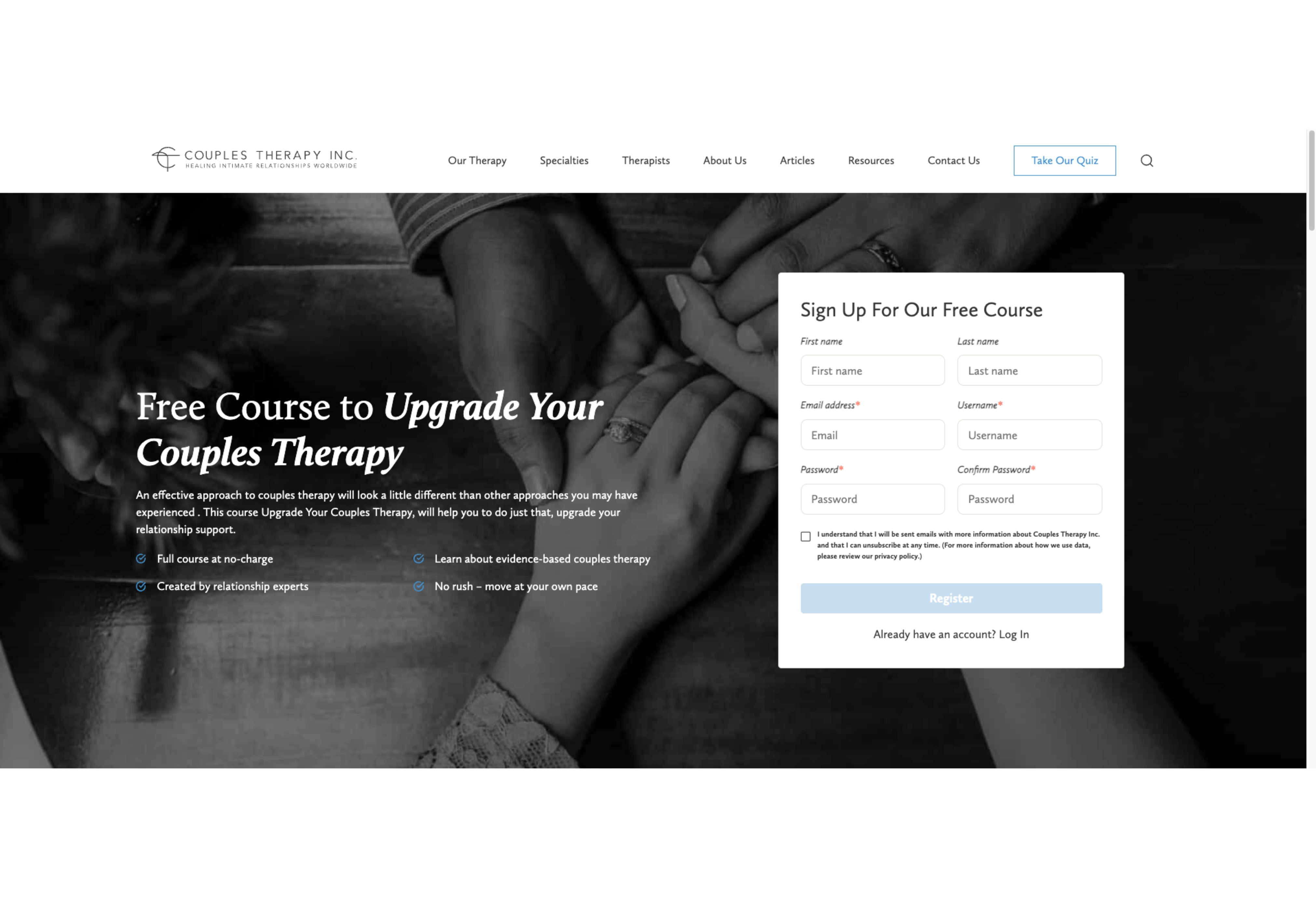 Screenshot of the Couples Therapy Inc. homepage featuring a “Free Course to Upgrade Your Couples Therapy” banner and a sign-up form on the right.