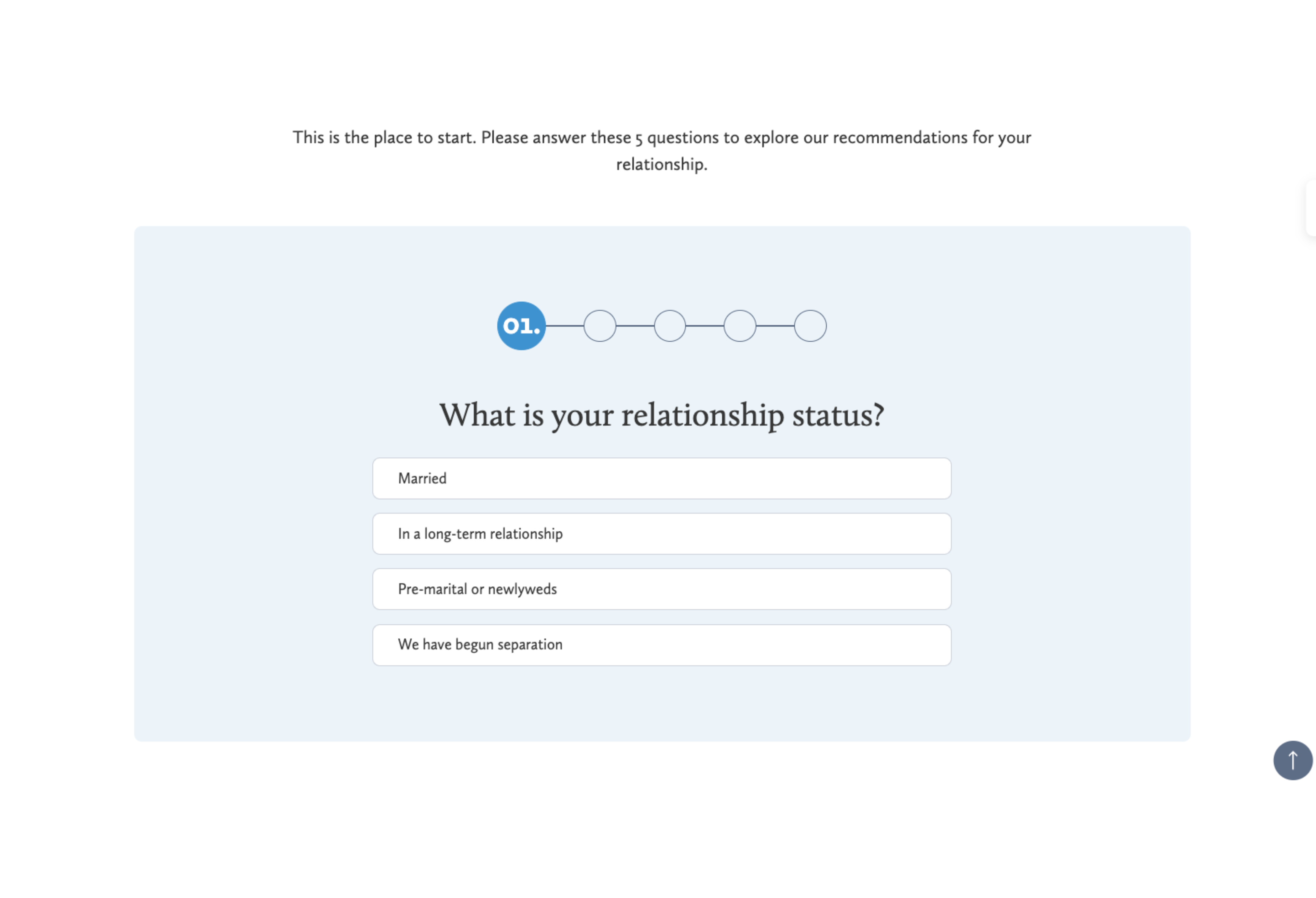 Screenshot of a quiz on the Couples Therapy Inc. website, asking about relationship status (e.g., married, in a long-term relationship, pre-marital, or separated).