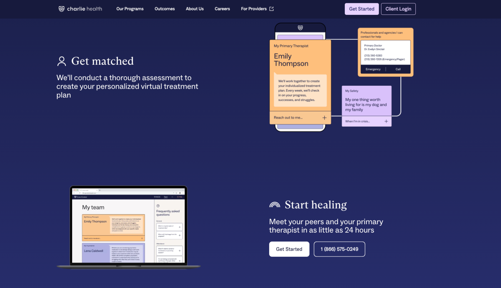 Screenshot of signup and therapist matching with Charlie Health