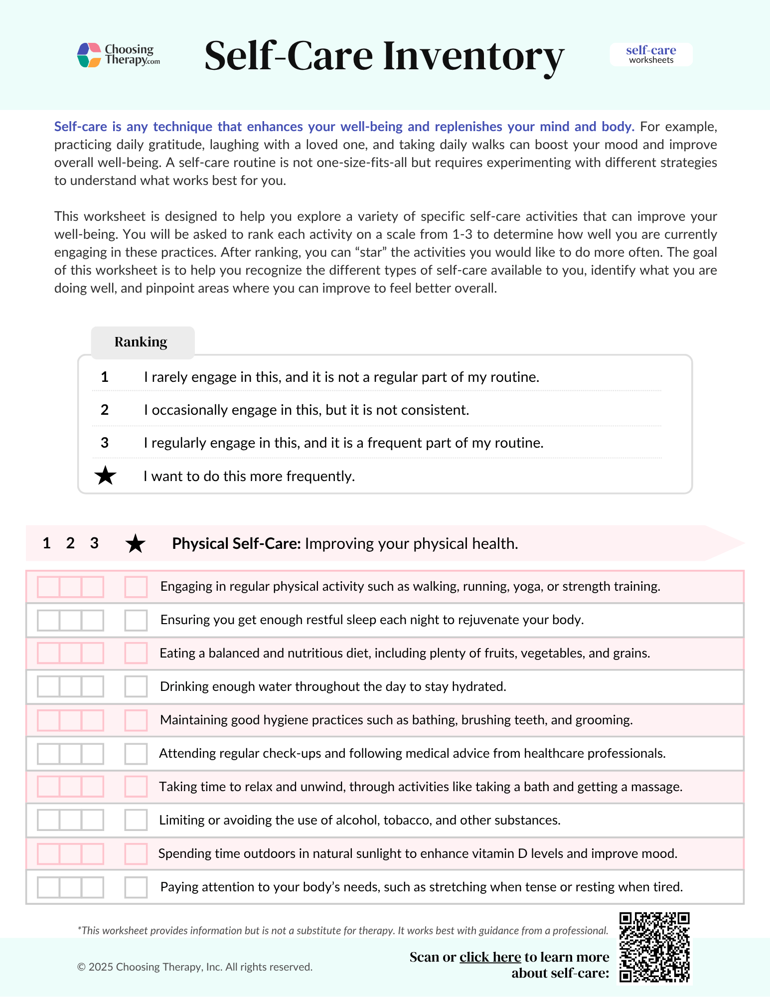 Self-Care Inventory Worksheet