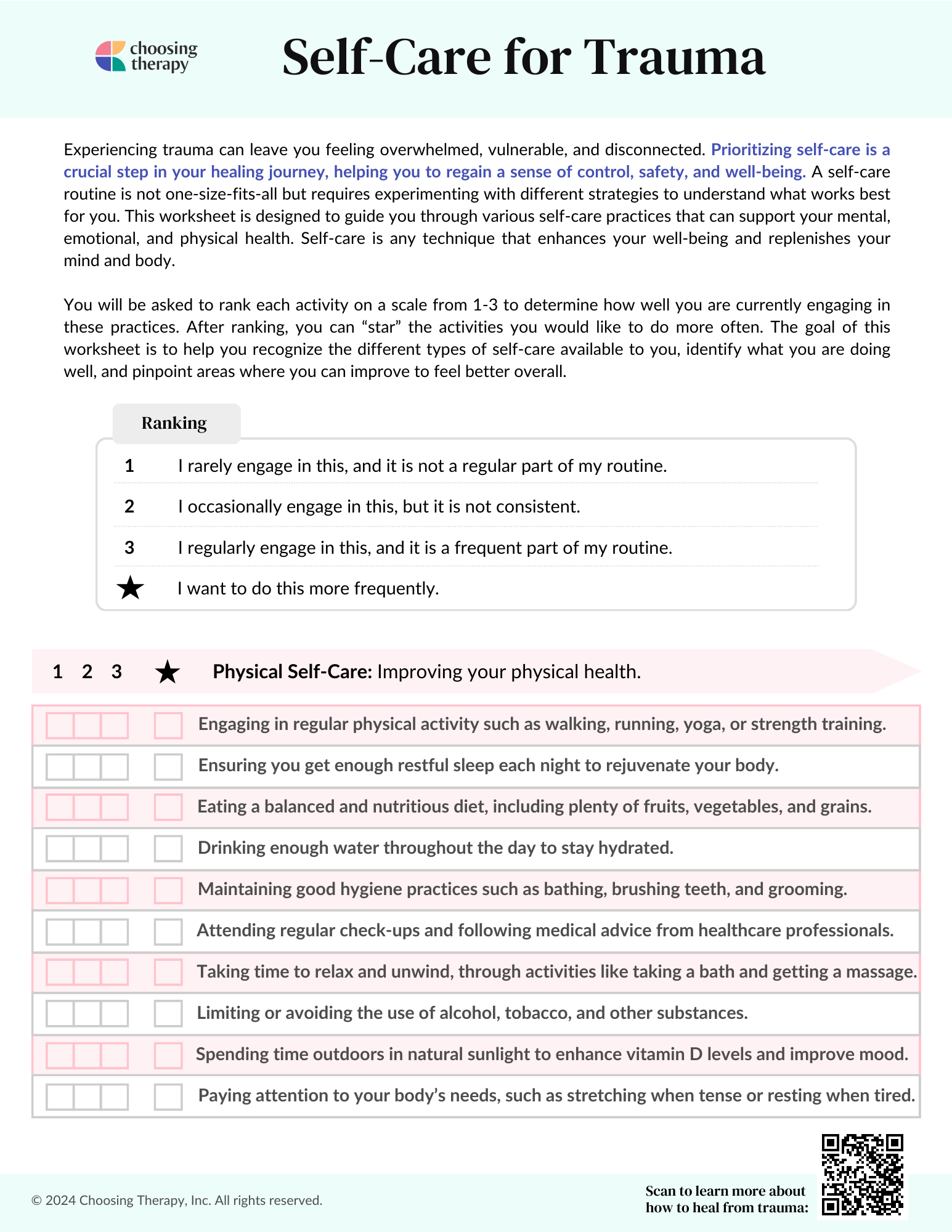 Self-Care for Trauma Worksheet