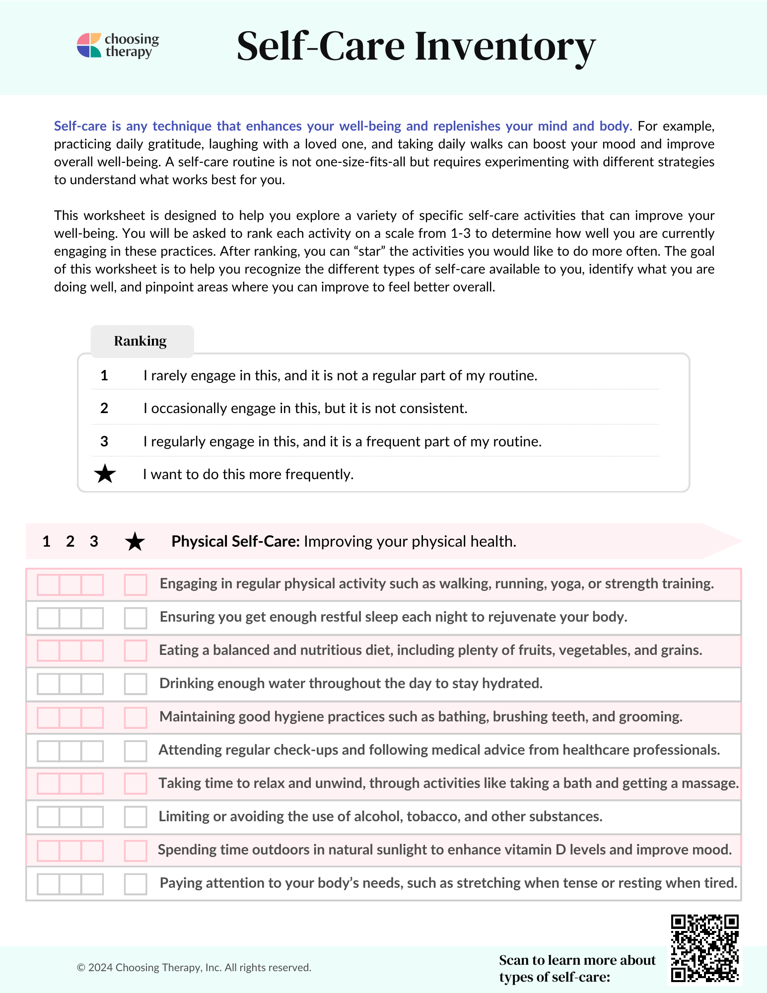 Self-care inventory worksheet