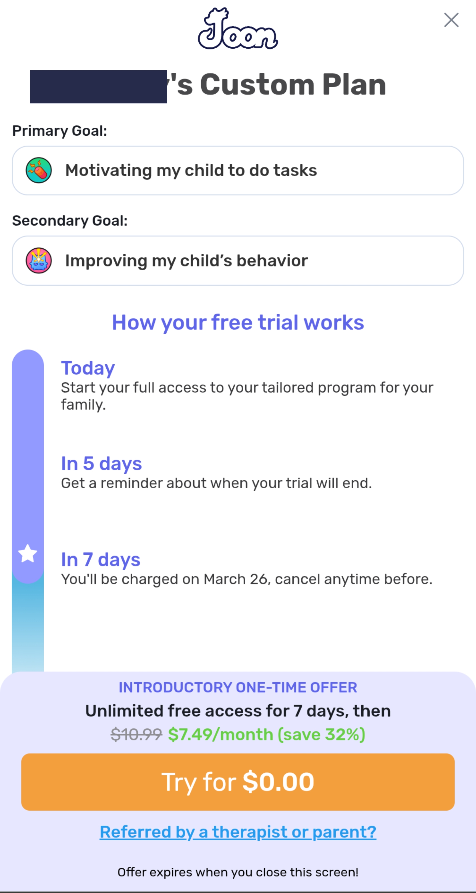 Image Joon Parent App Custom Plan