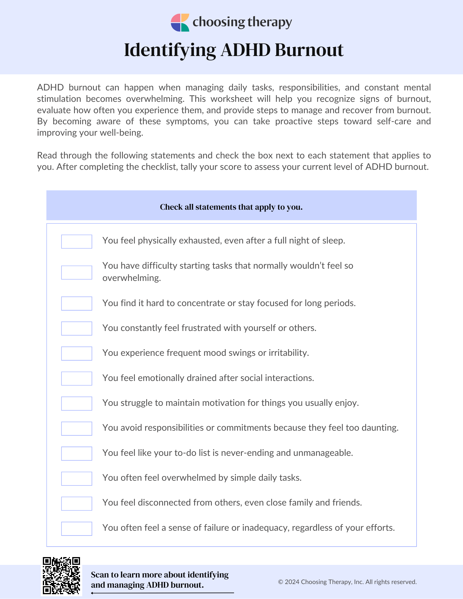 Identifying Burnout - ADHD Worksheet