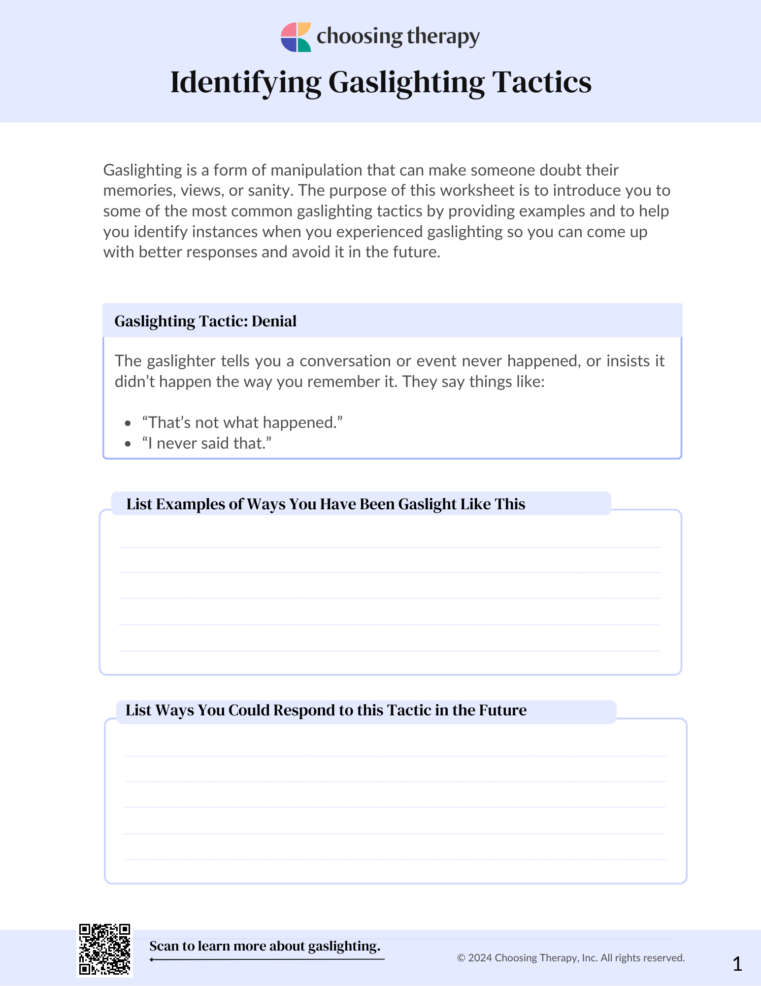 Identifying Gaslighting Tactics Worksheet