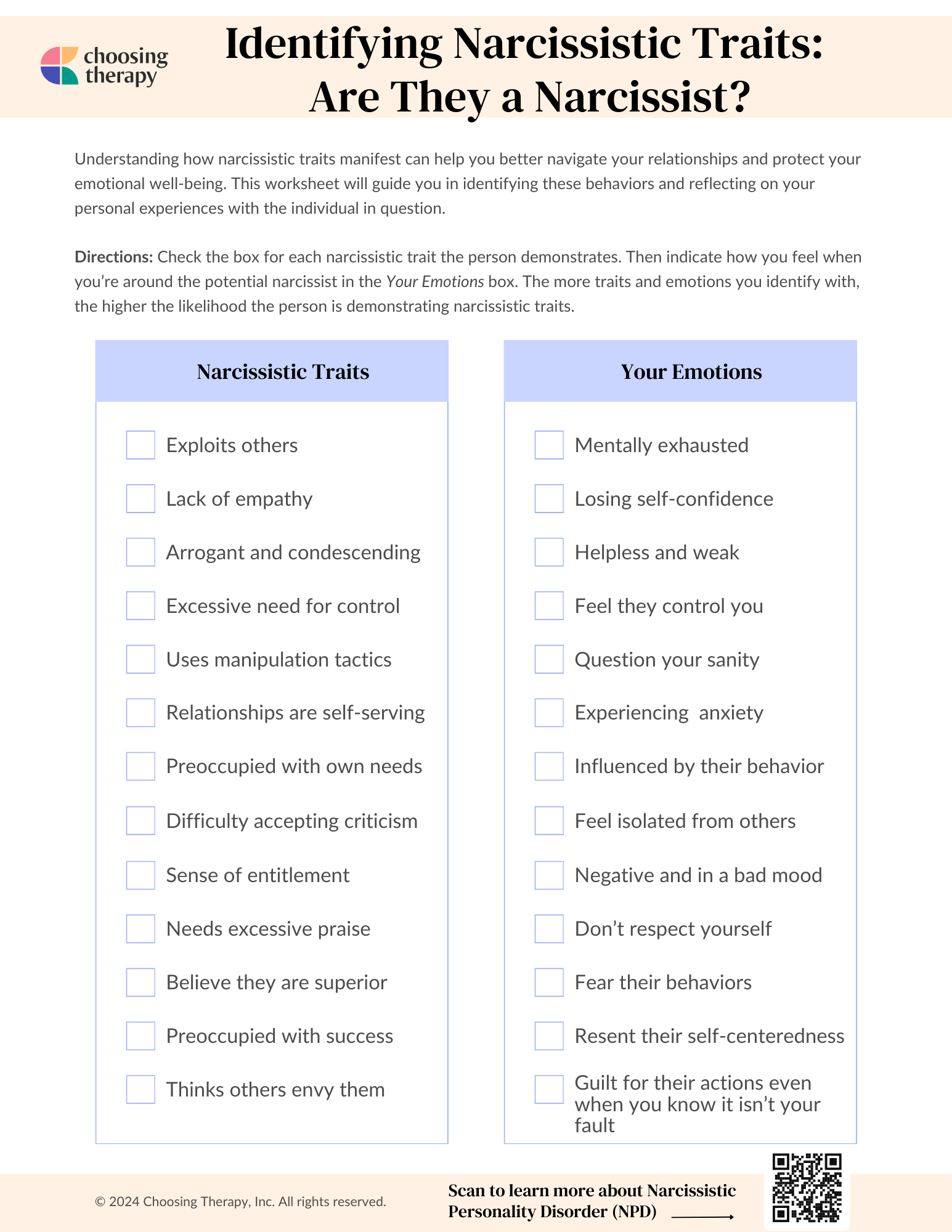 Identify Narcissistic Traits Worksheet