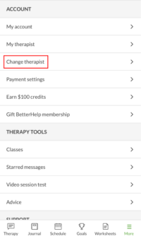 Image of _Change therapist_ button in account menu wihtin BetterHelp mobile app