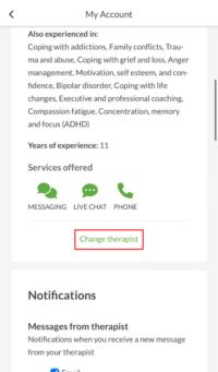 Image of therapist bio with _Change therapist_ button in BetterHelp app