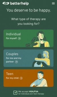 BetterHelp homepage with types of therapy available