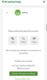 Selecting a new therapist in BetterHelp app and choosing a session time
