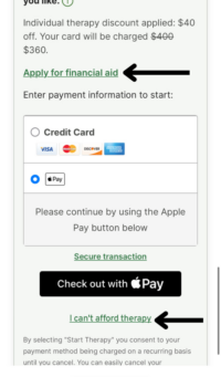 BetterHelp checkout screen with link to financial aid form
