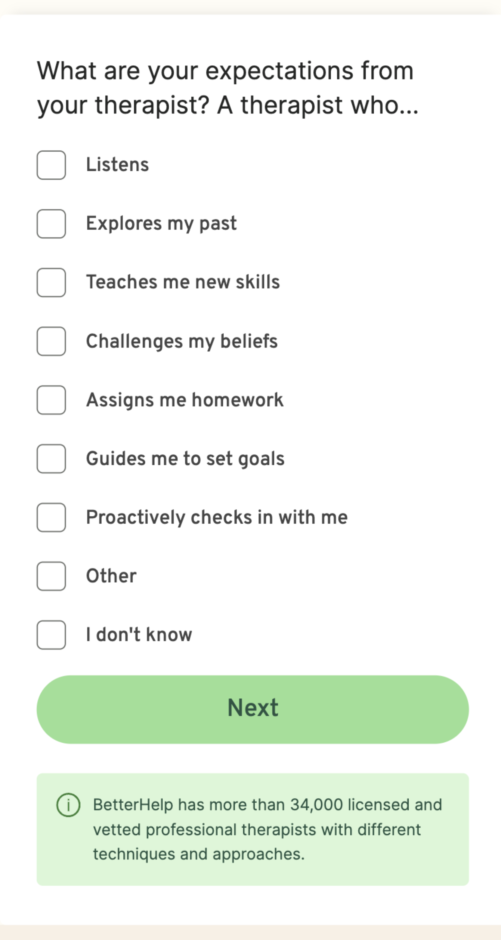 Image of BetterHelp intake questionnaire question about therapist preferences