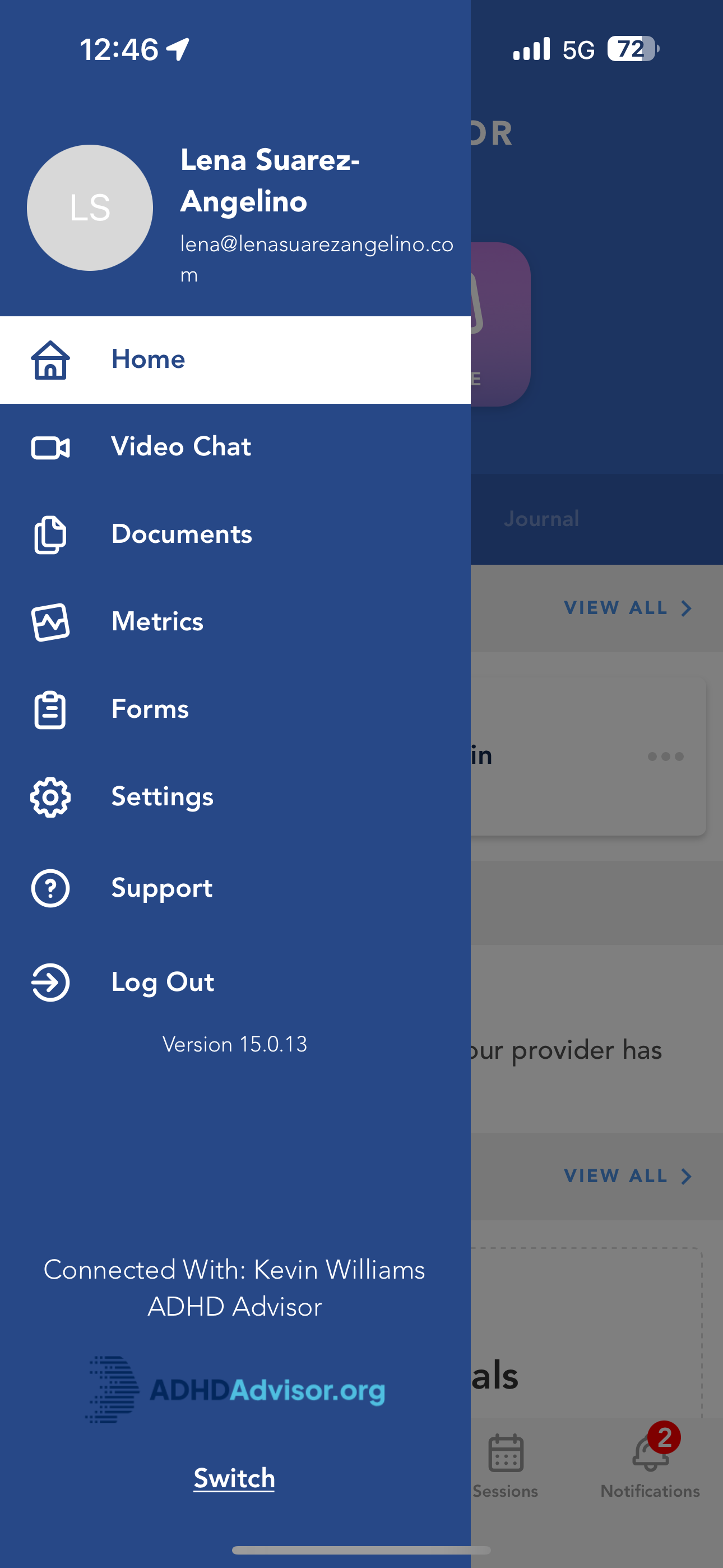 Image of ADHD Advisor main menu on the app