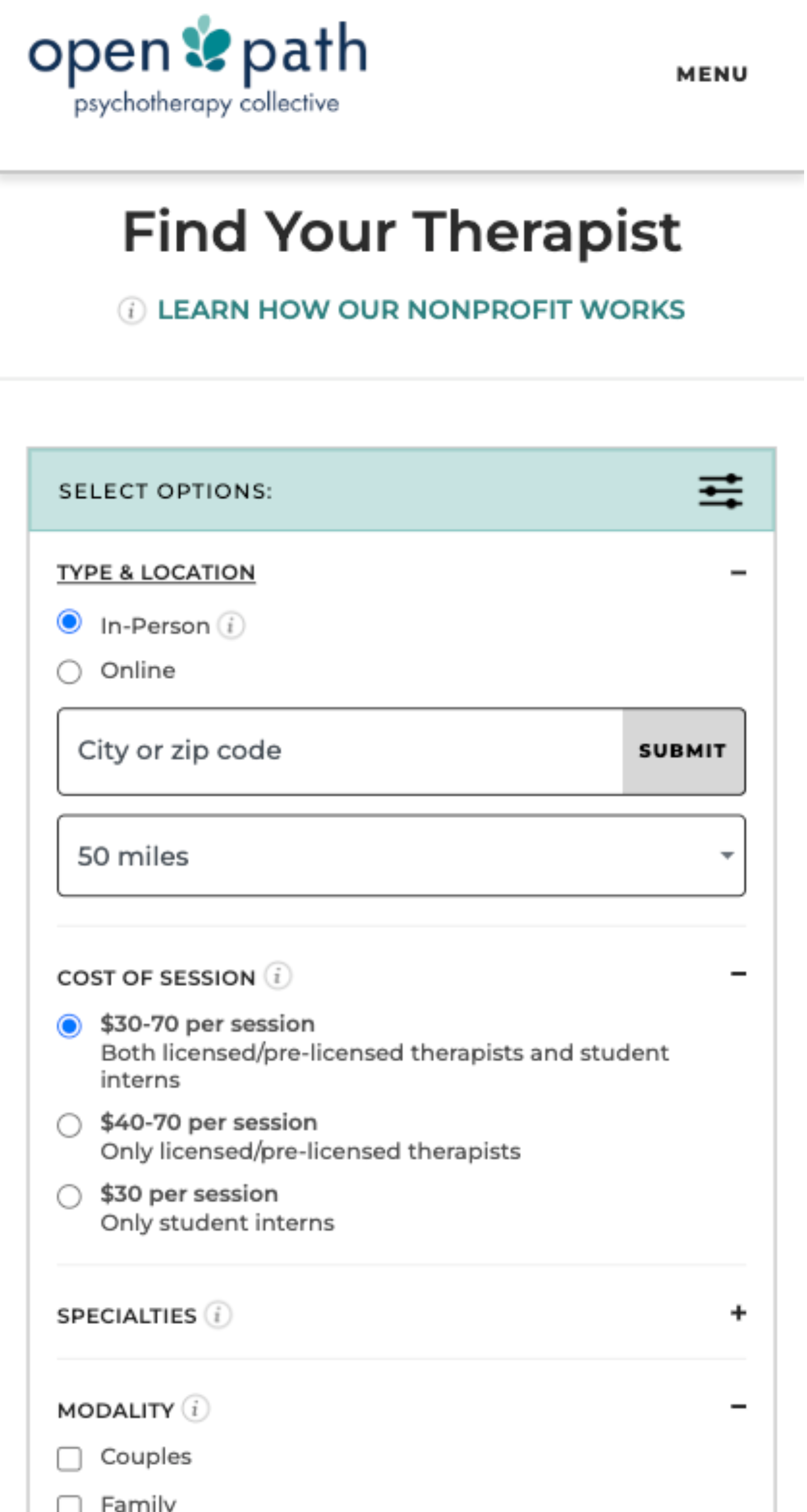 Image of Open Path Collective therapist search filters
