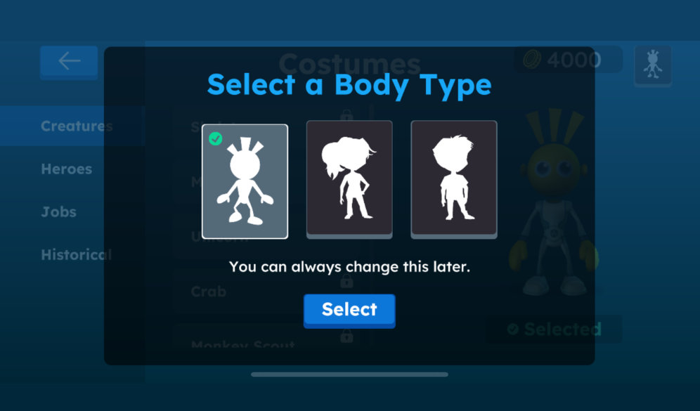 Screenshot of customizable avatar body type within the EndeavorOTC app