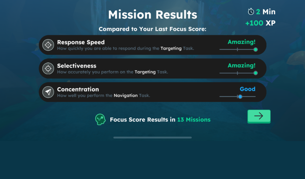 Screenshot of mission results after completing treatment within the EndeavorOTC app
