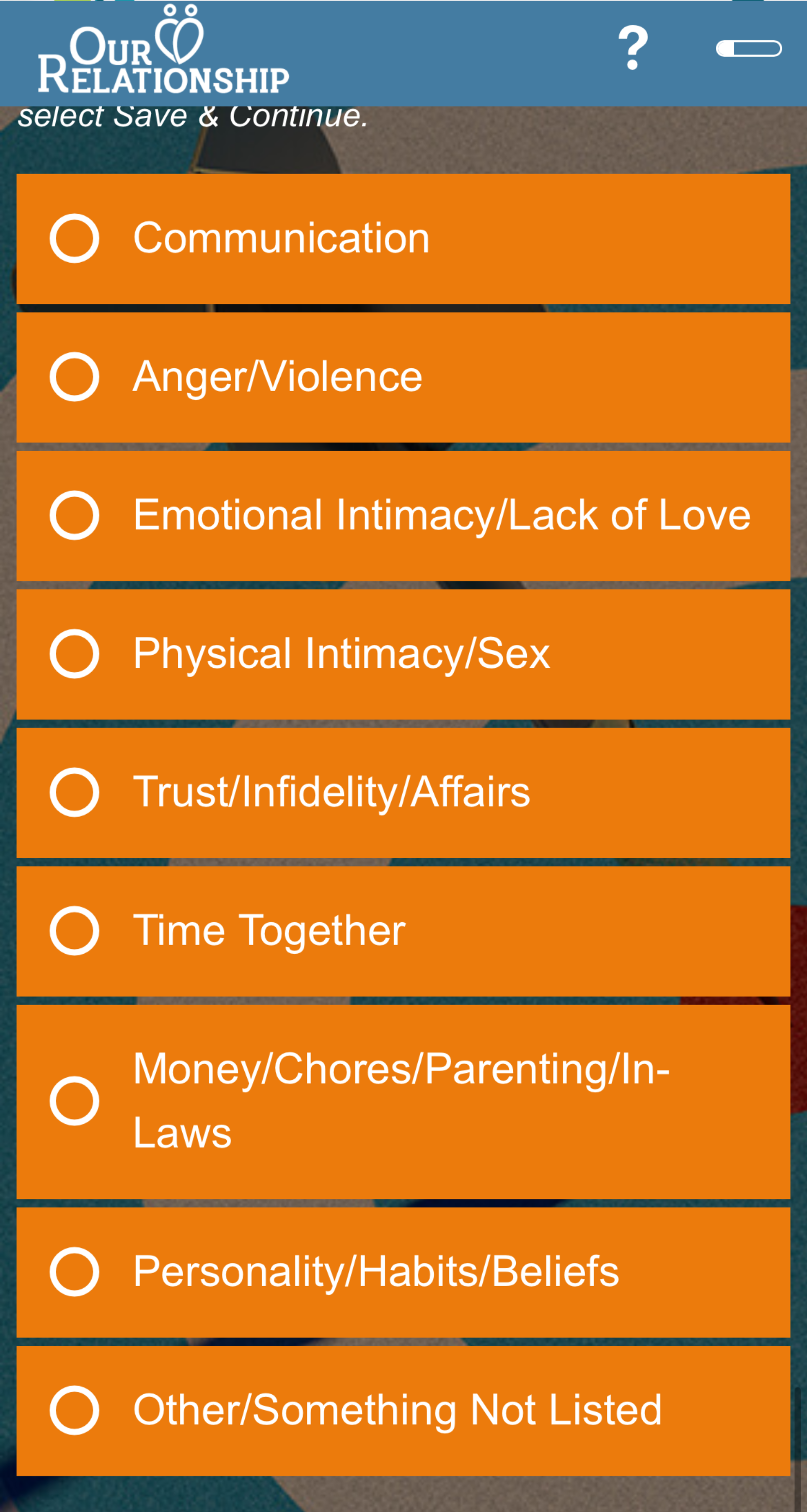 Screenshot of the core issues that OurRelationship users can choose from