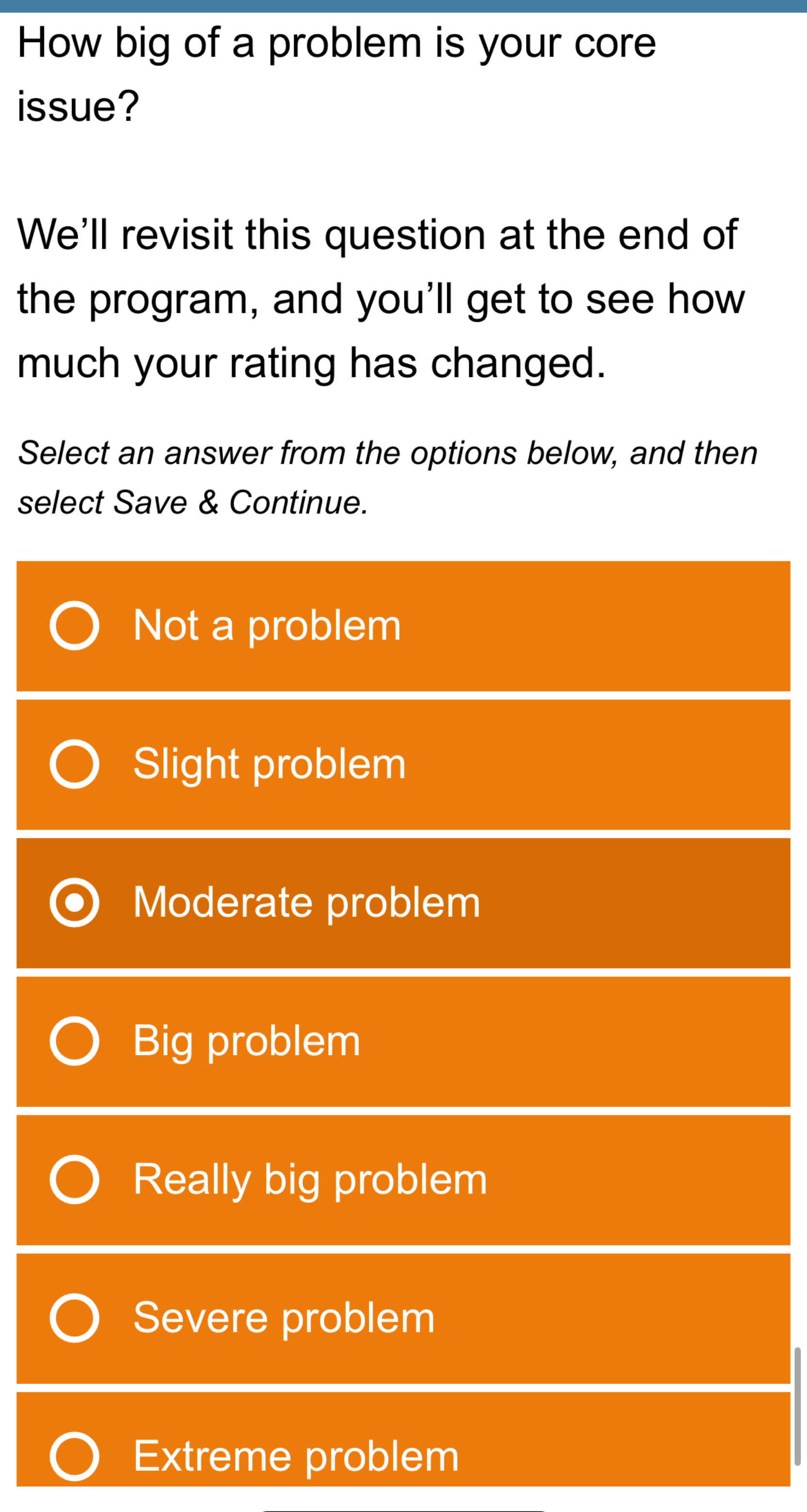 Screenshot of rating the core issue in the relationship on its severity.