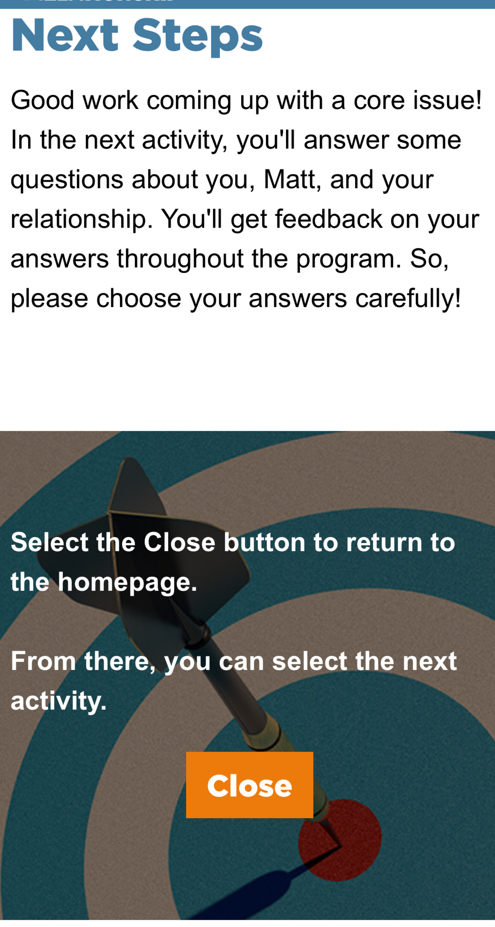 Screenshot of the next steps after selecting the core issue in the relationship
