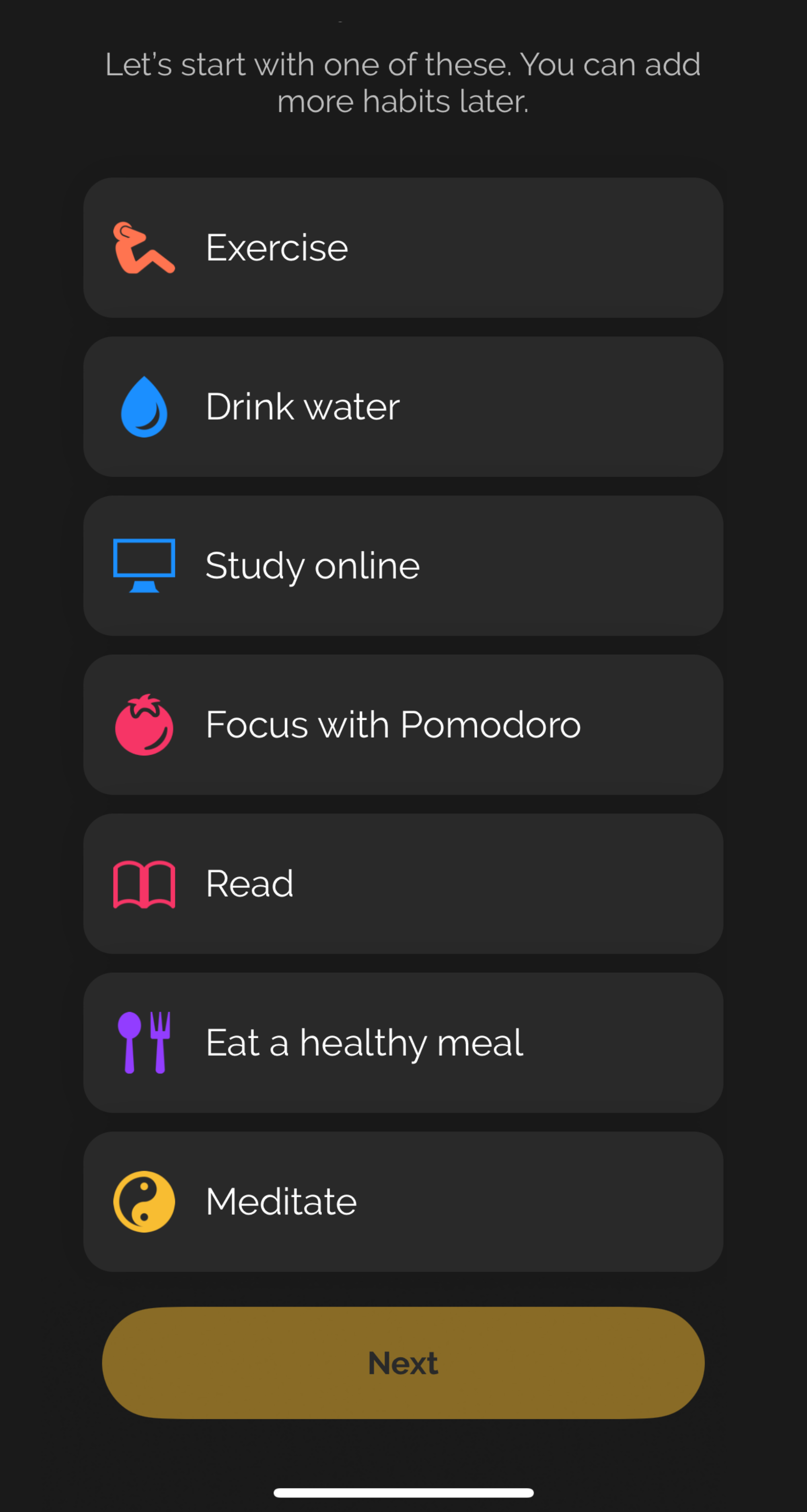 Screenshot of recommended habits in Productive app