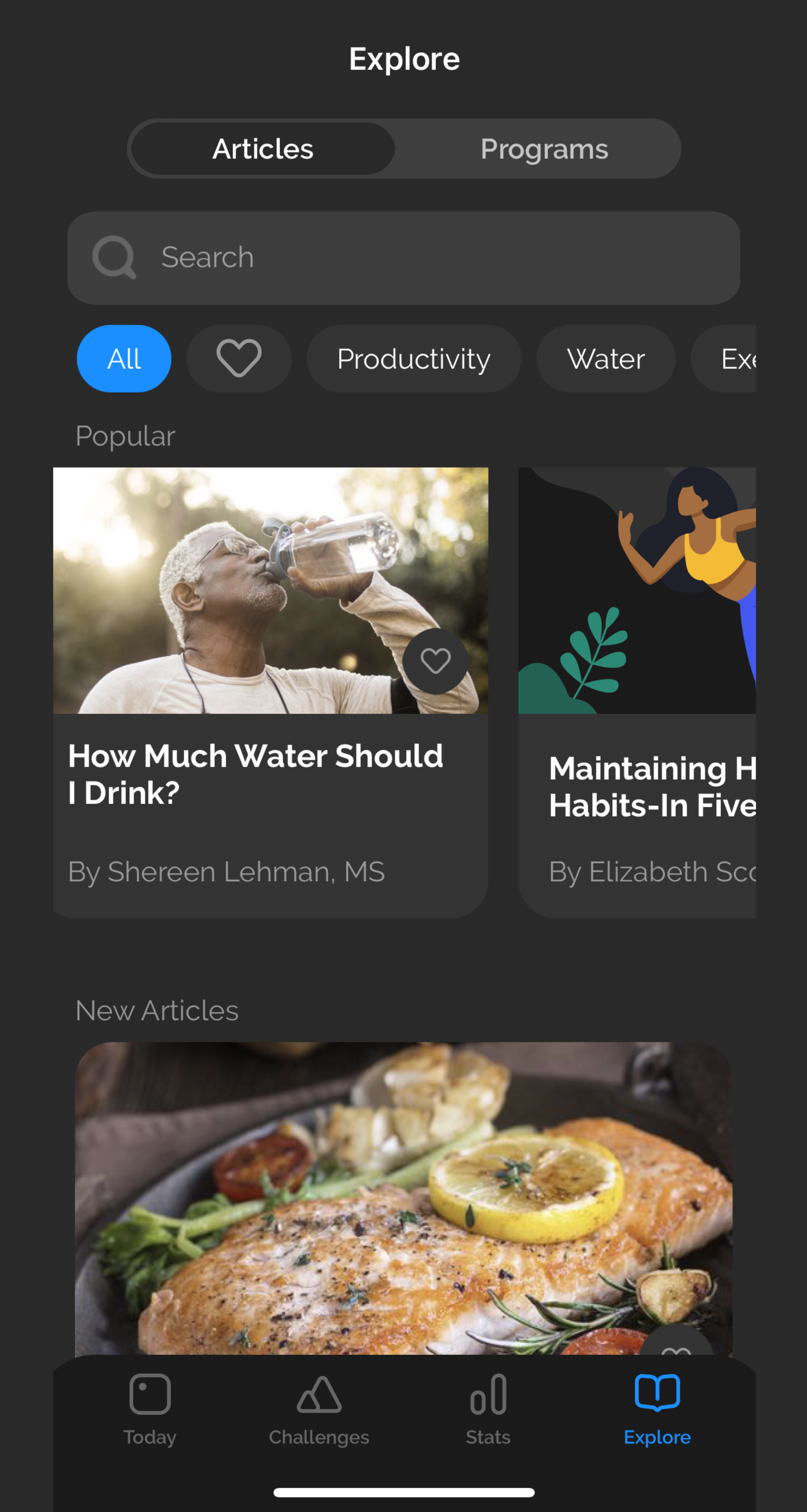Screenshot of articles within the explore tab in the Productive app