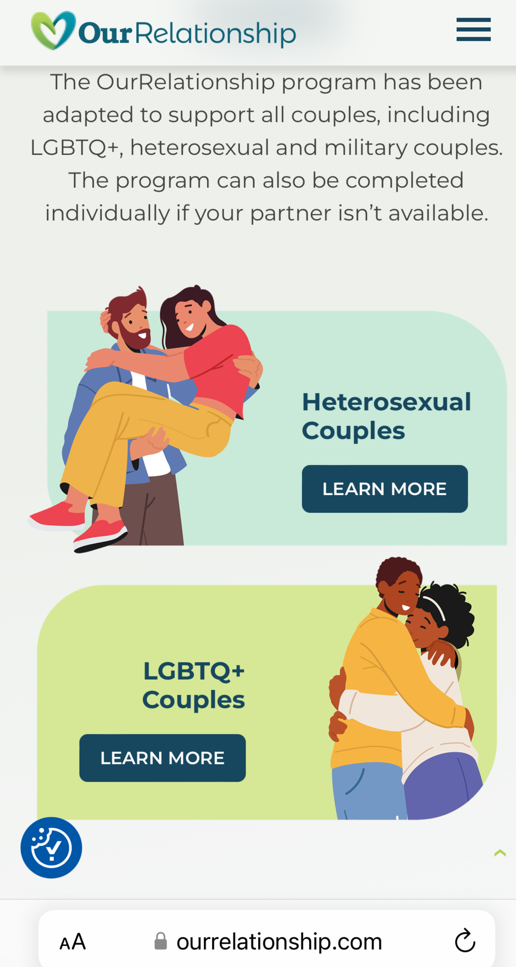 Screenshot of the sign-up page on OurRelationship including programs for both heterosexual and LGBTQ+ couples