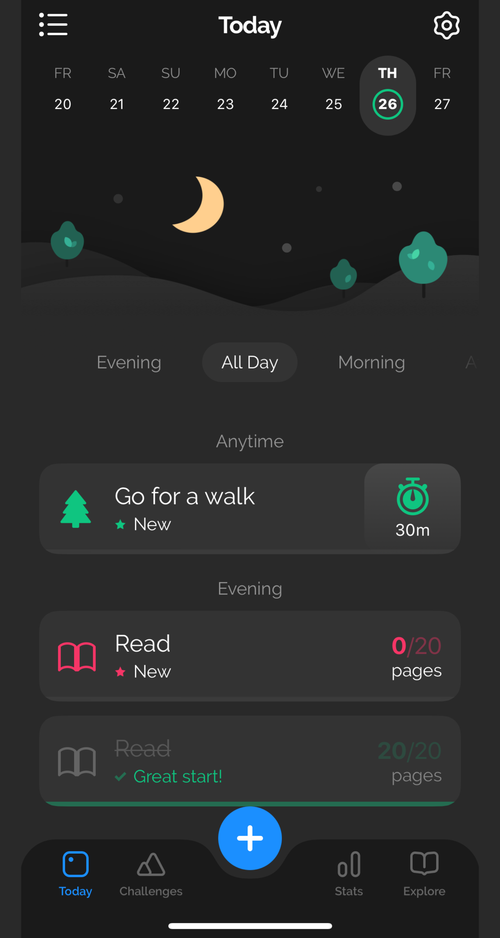 Screenshot of the “Today” tab in the Productive app showing goals and completed tasks