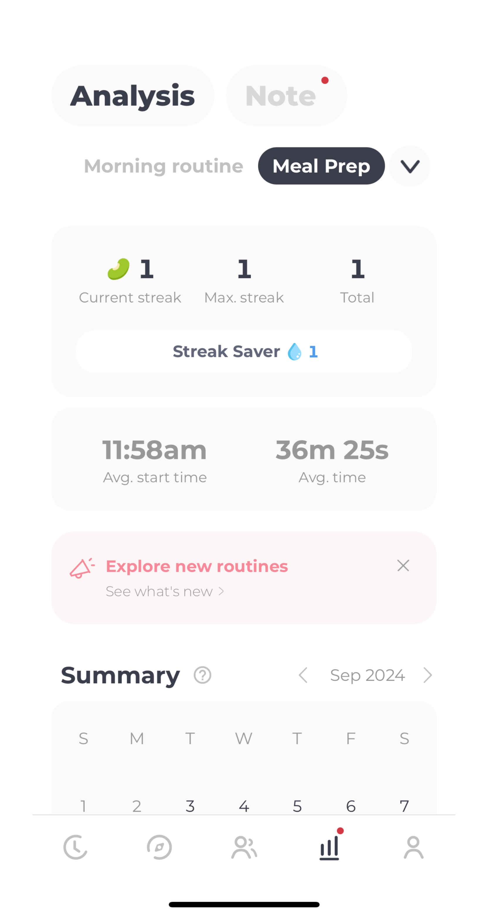 Screenshot of analysis of streaks in the Routinery app