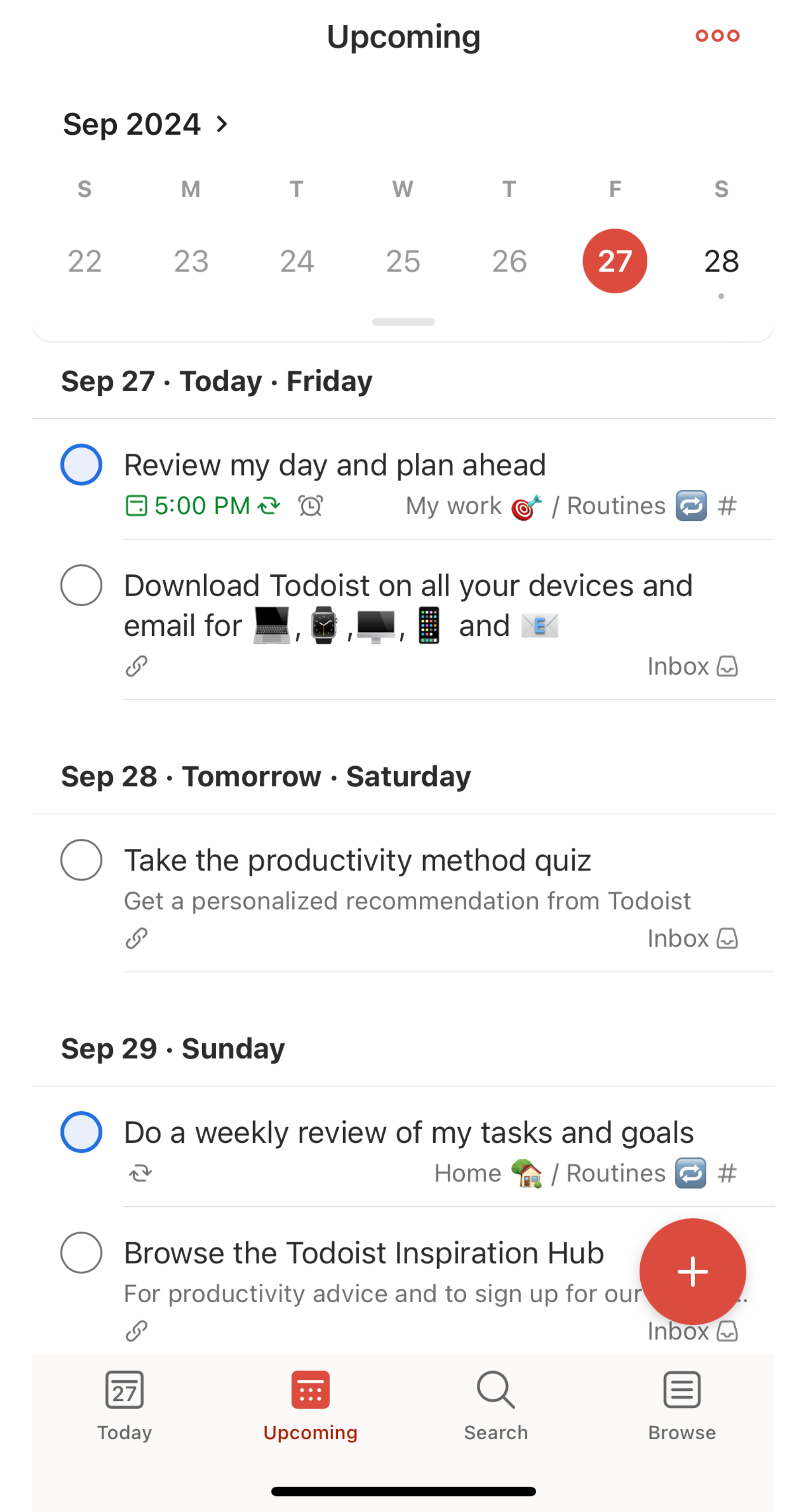 Screenshot of the Upcoming tab in the Todolist app