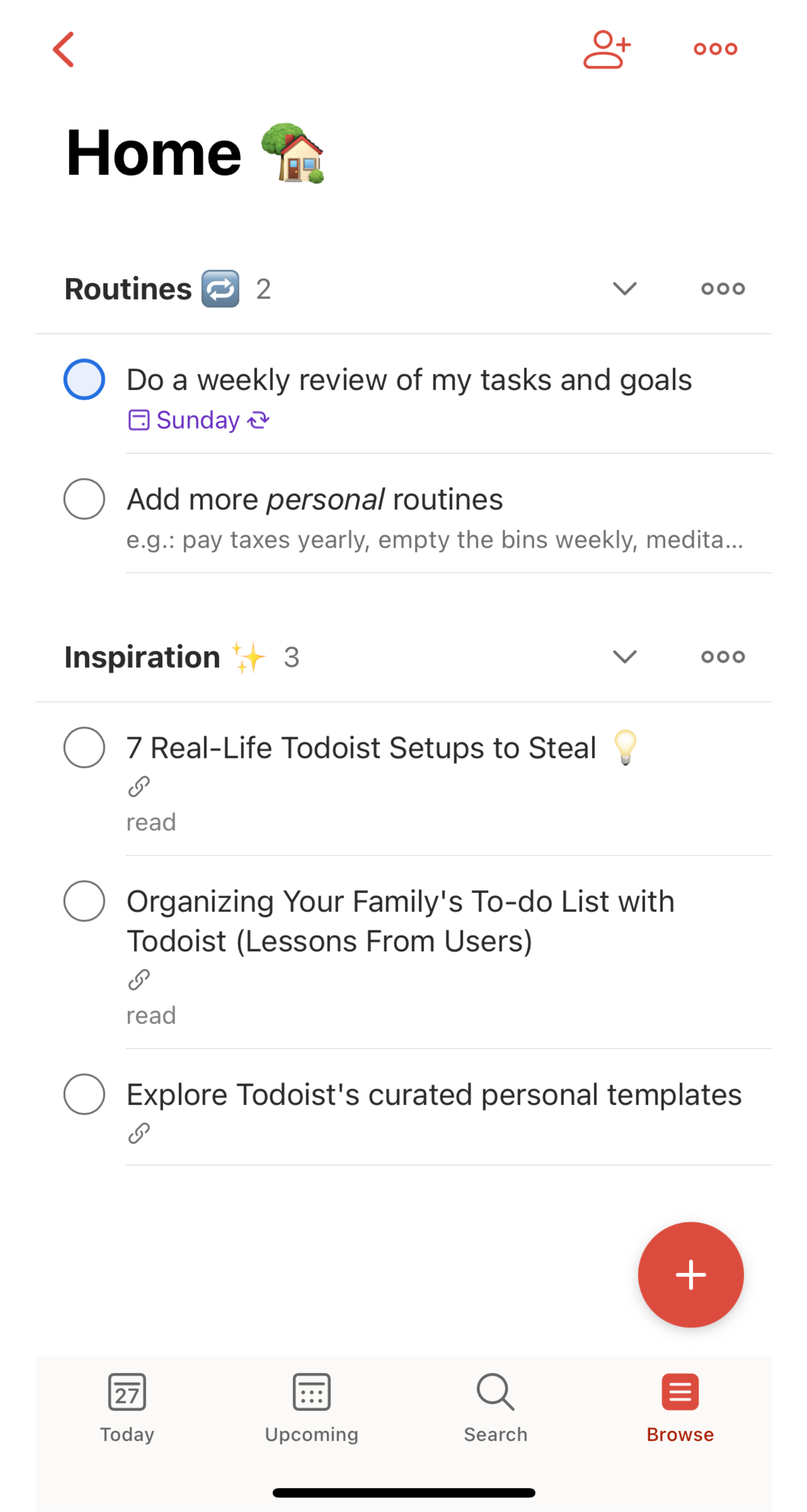 Screenshot of Browse tab in the Todolist app showing routines and inspiration