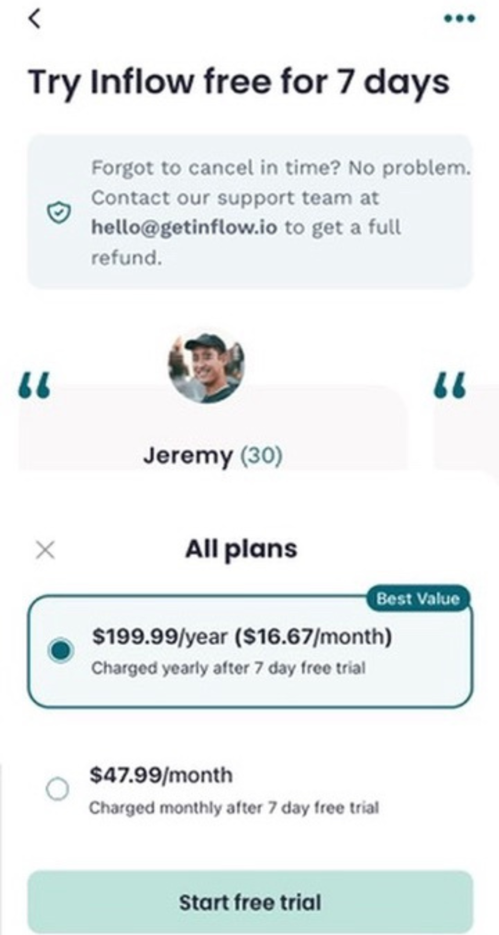 Screenshot of InFlow app_s pricing plans