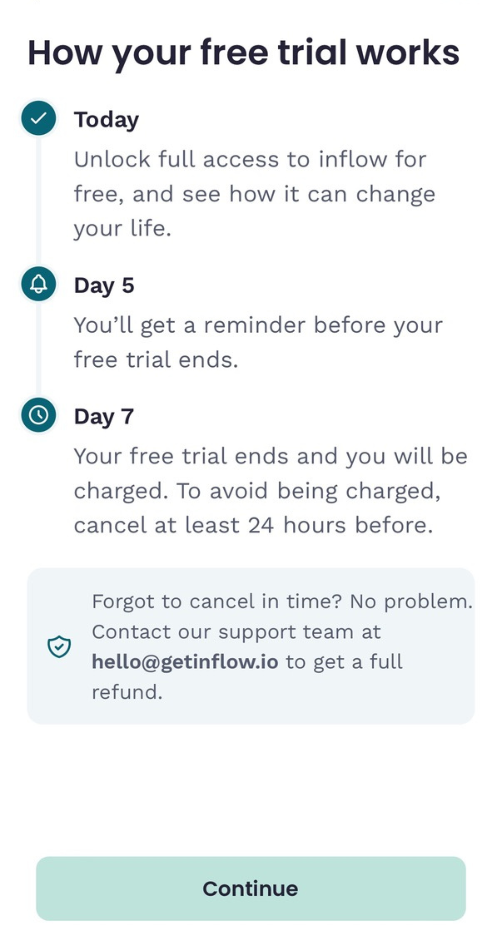 Screenshot of InFlow app_s free trial information page