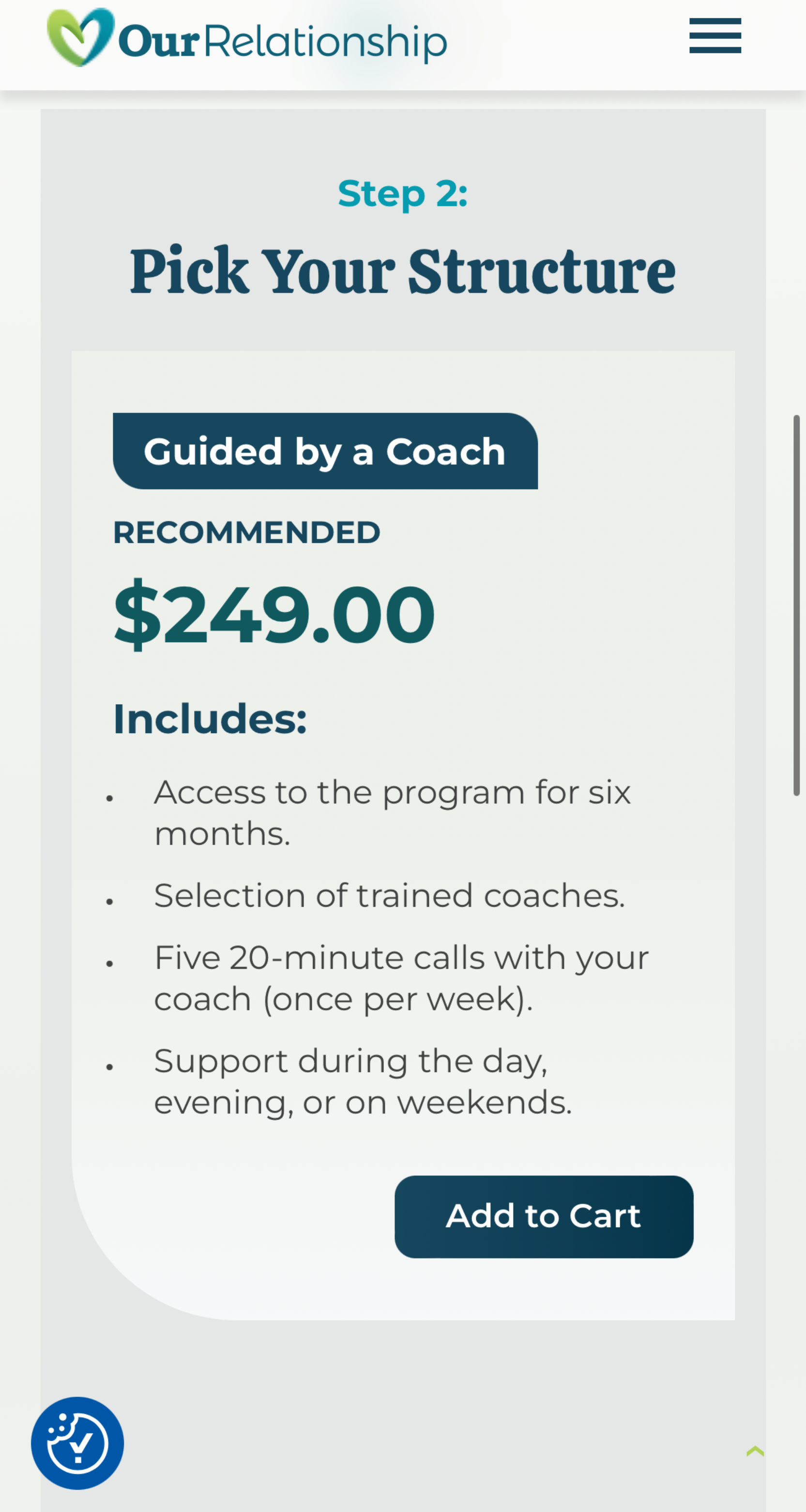 Screenshot of the price for the guided-by-coach program structure on OurRelationship