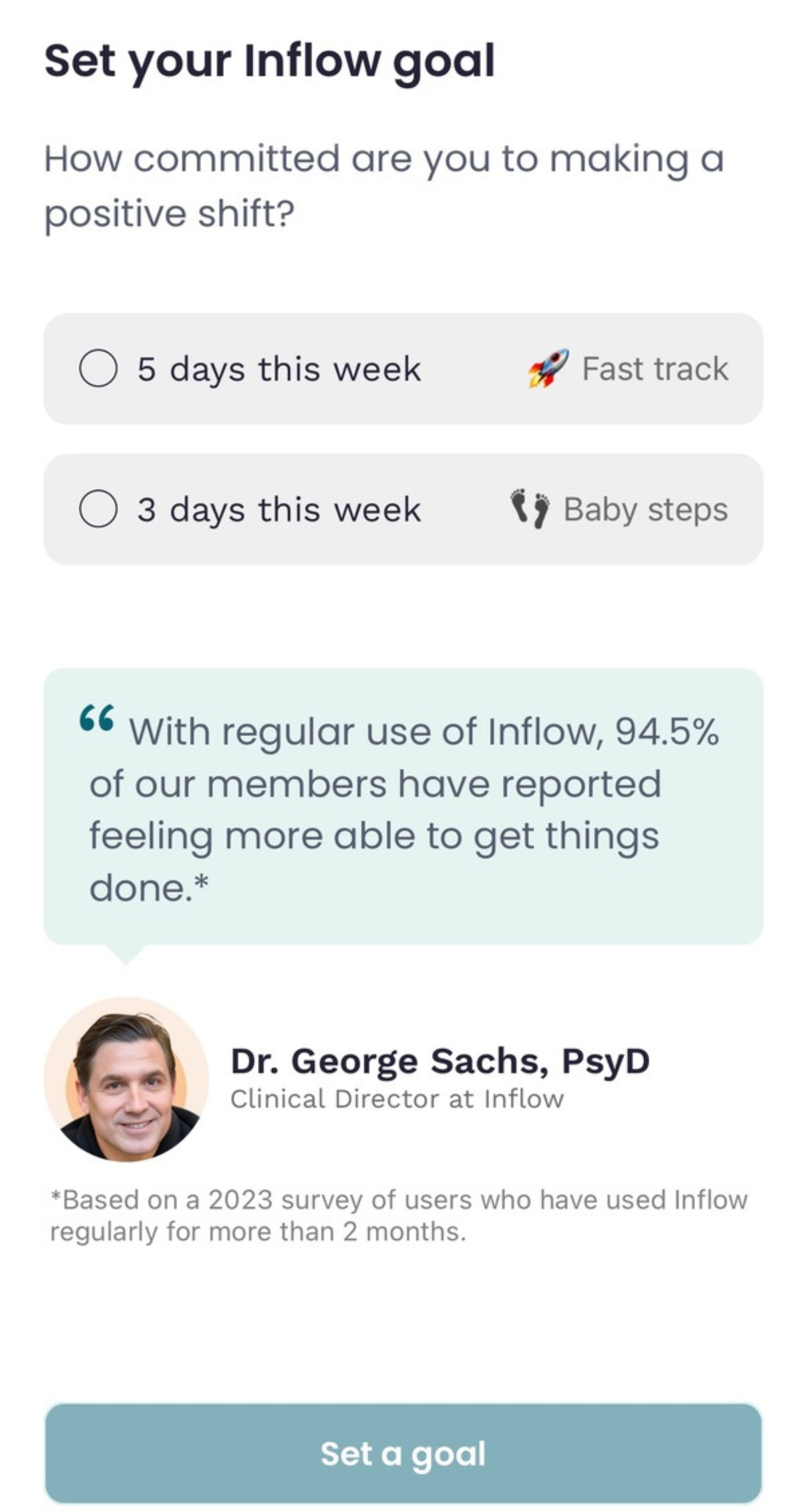 Screenshot of goal setting within the InFlow app