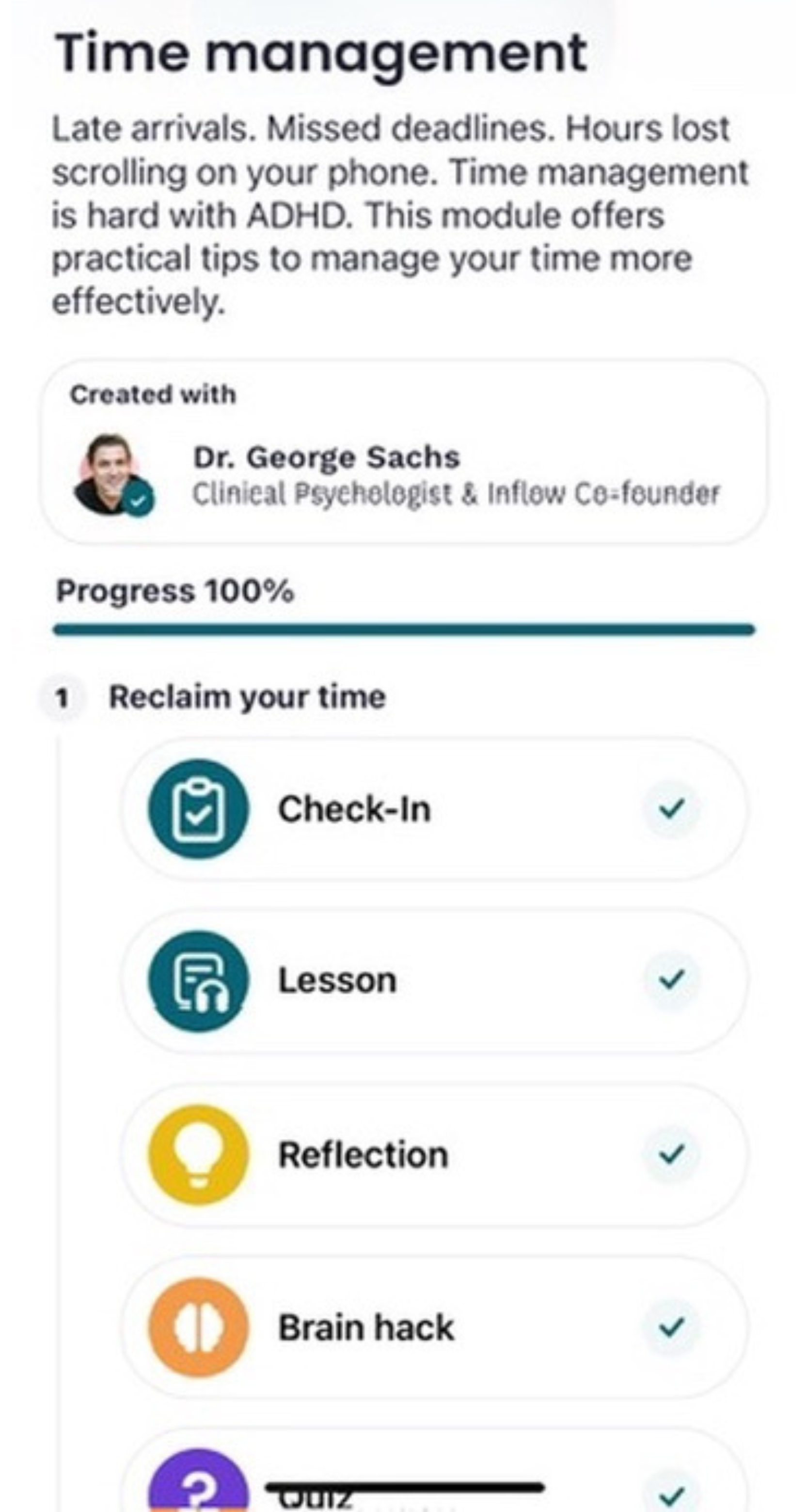 Screenshot of a completed learning module within the InFlow app