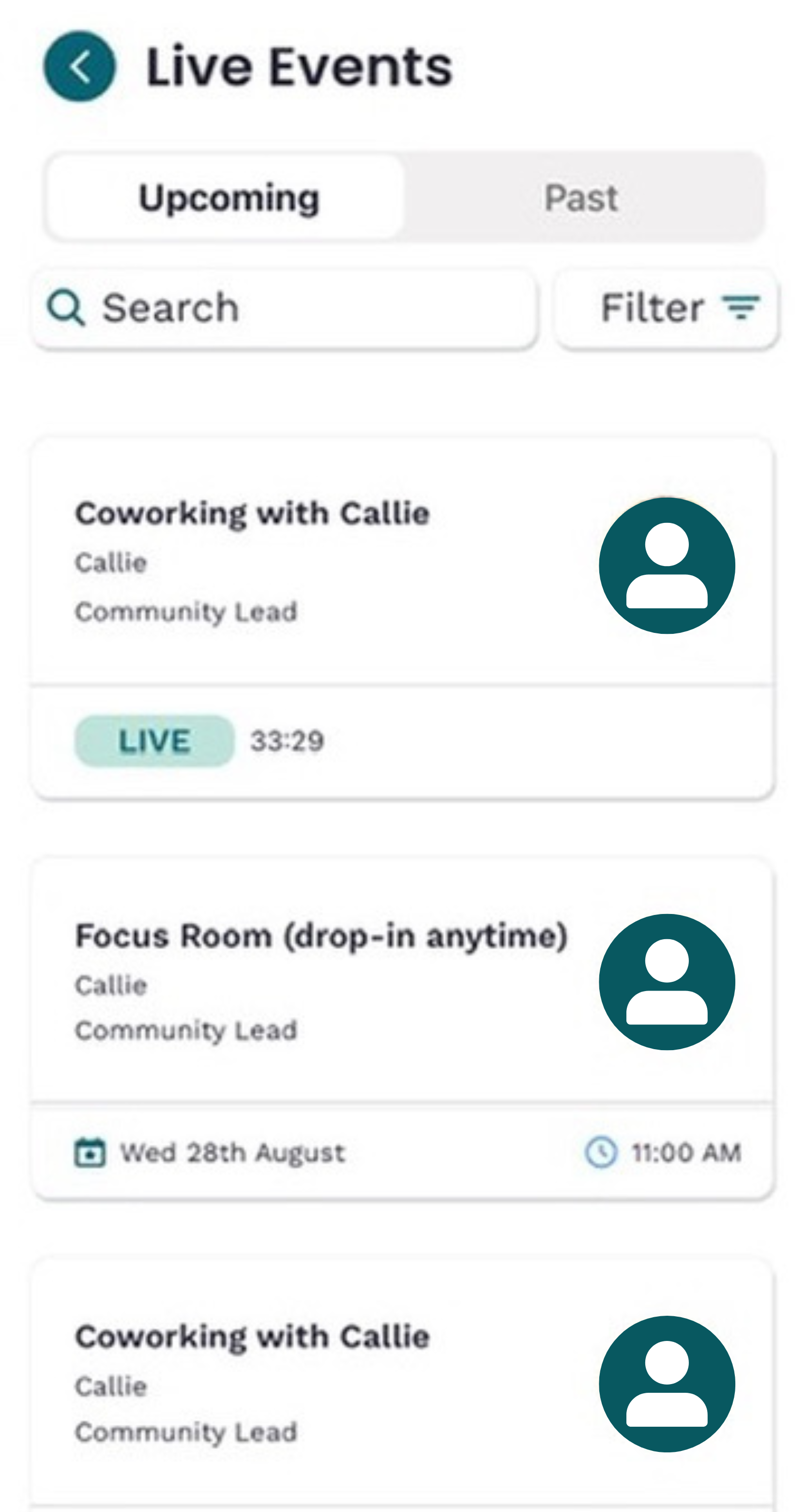 Screenshot of the live events offered in the InFlow app