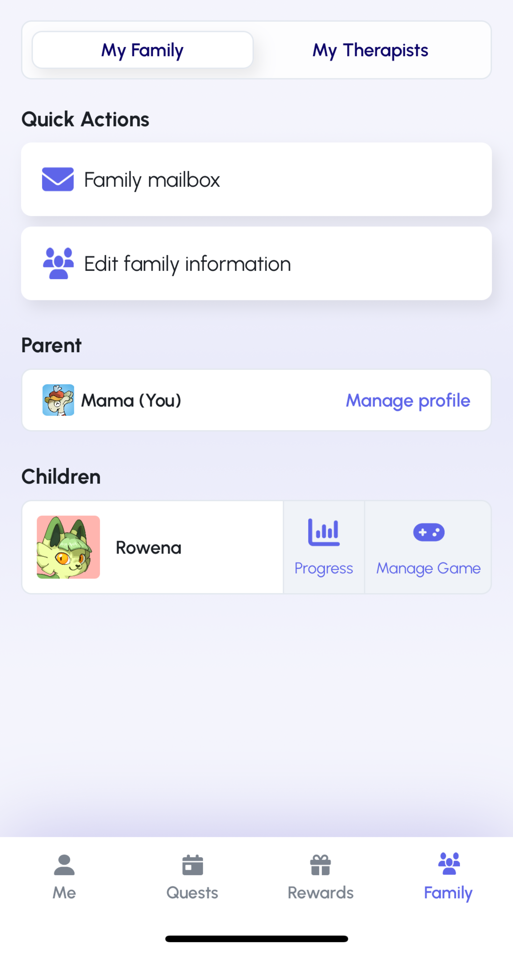 Screenshot of the family tab in the Joon app