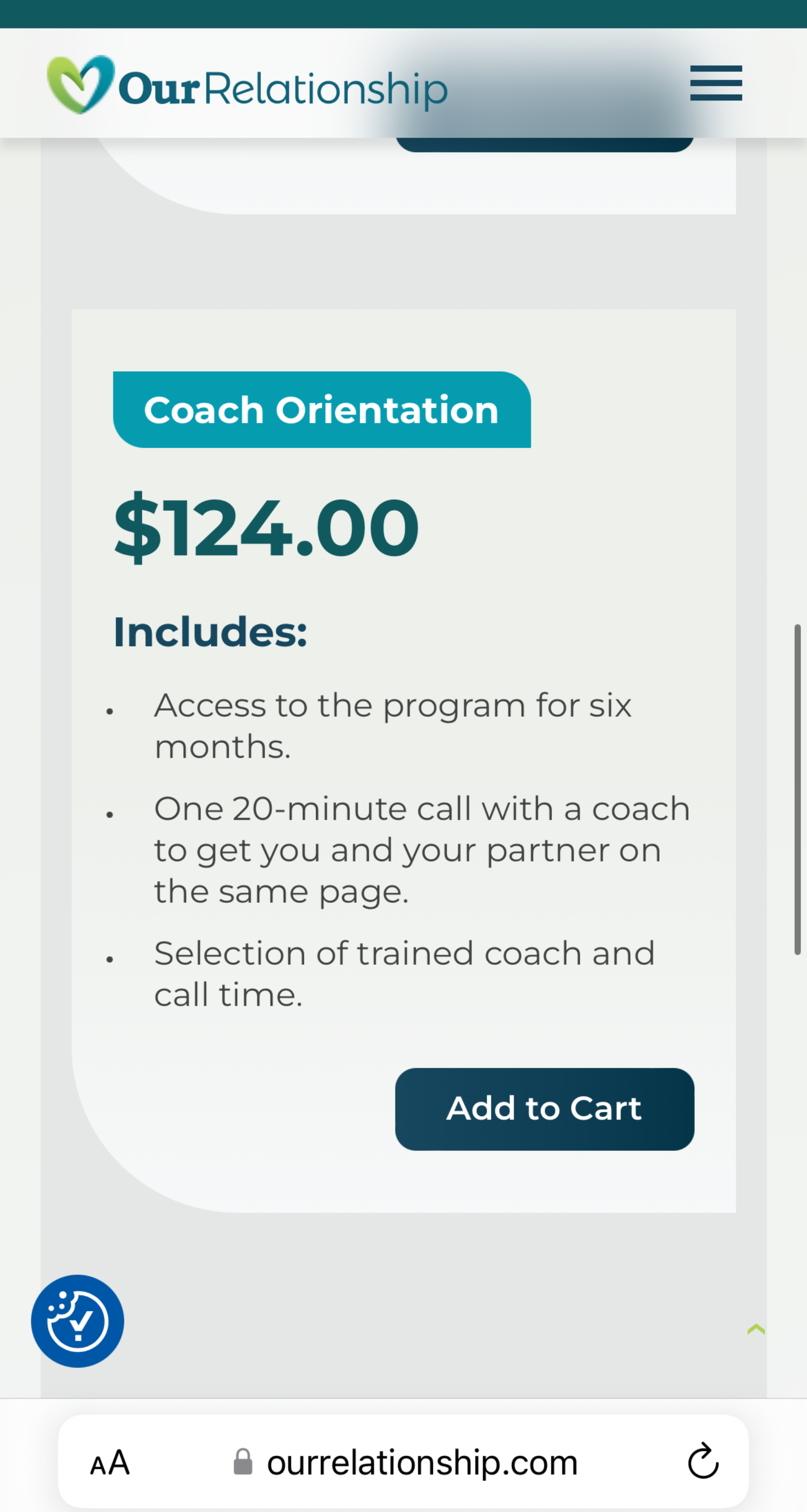 Screenshot of the price for the coach-orientation program structure