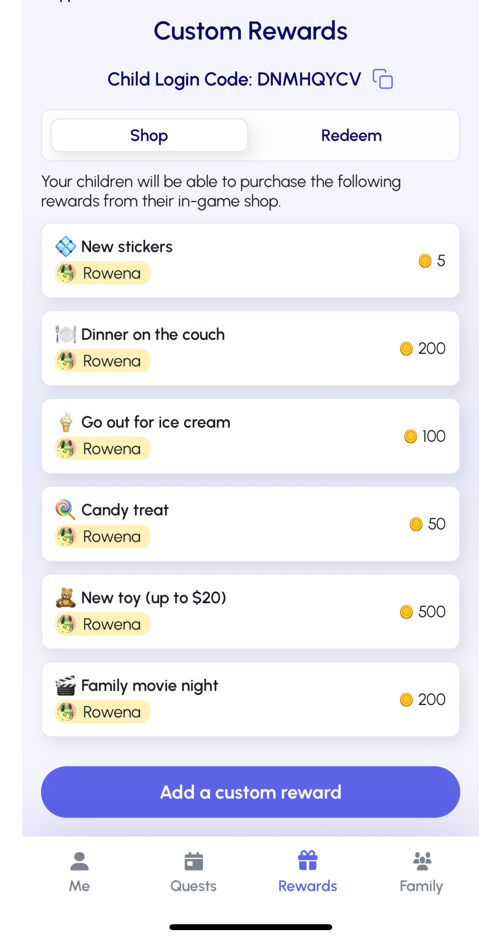 Screenshot of the rewards available upon task completion in the Joon app