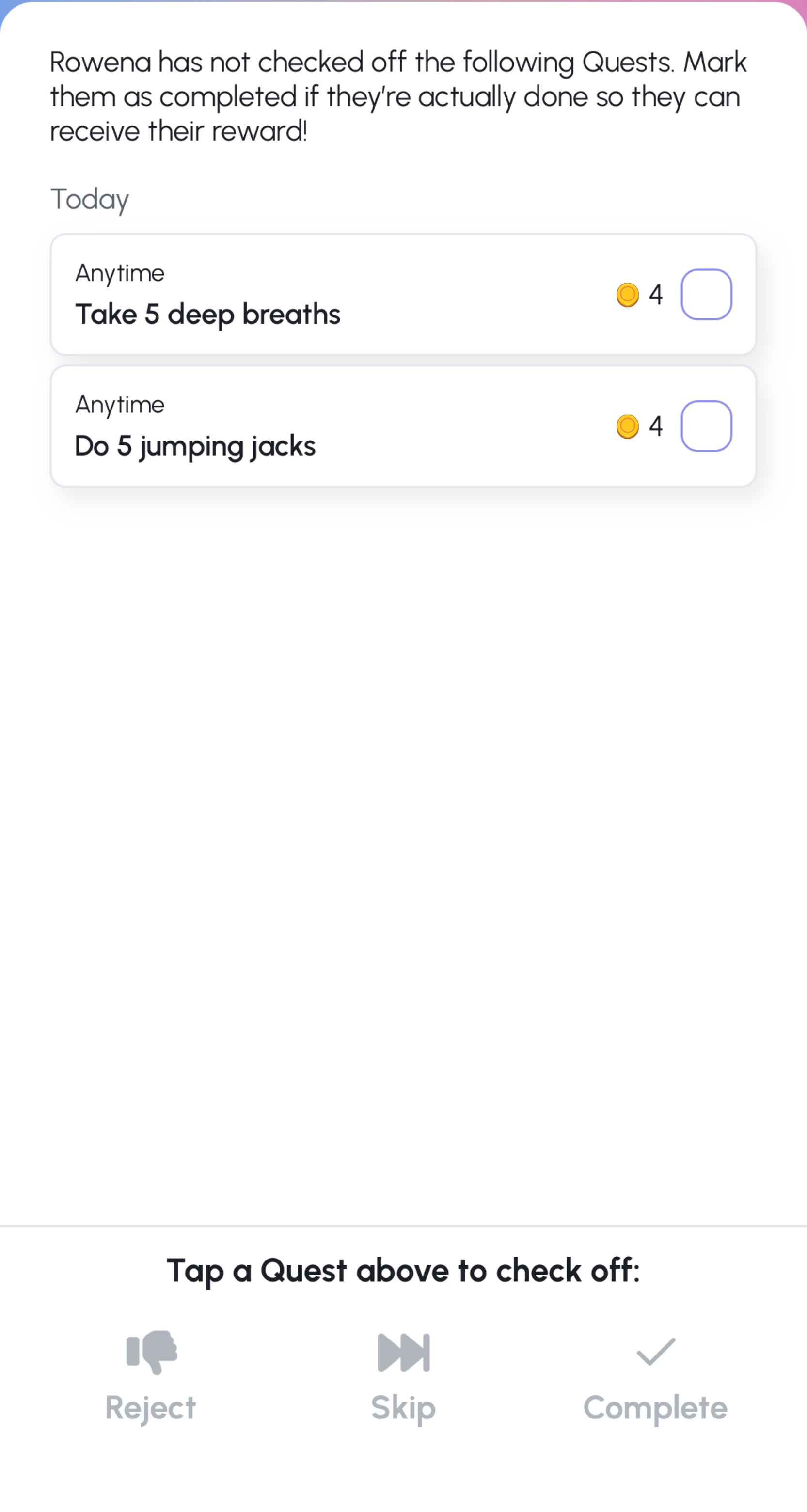 Screenshot of the ability to mark off quests in the Joon app