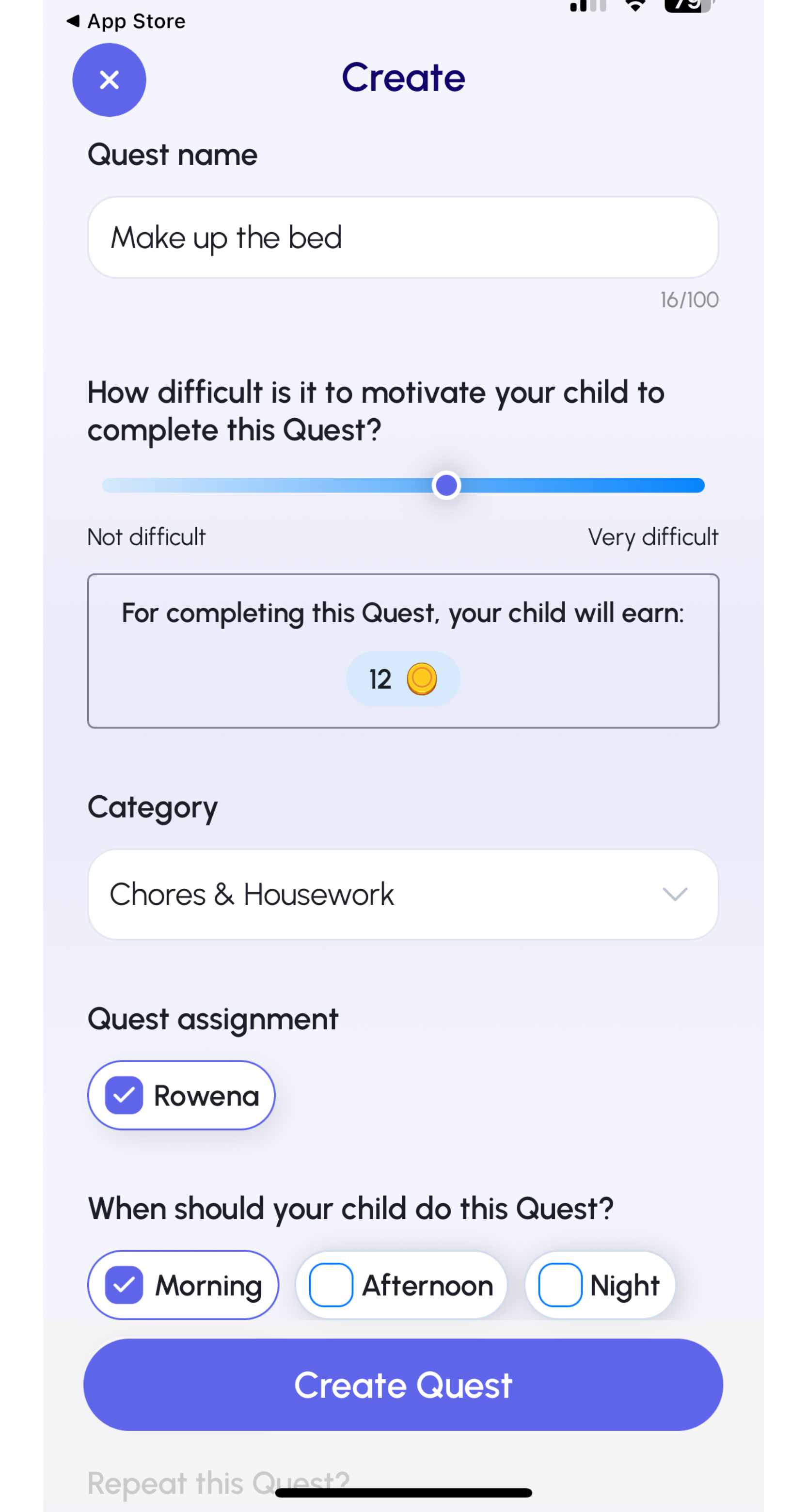 Screenshot of quest creation options in the Joon app