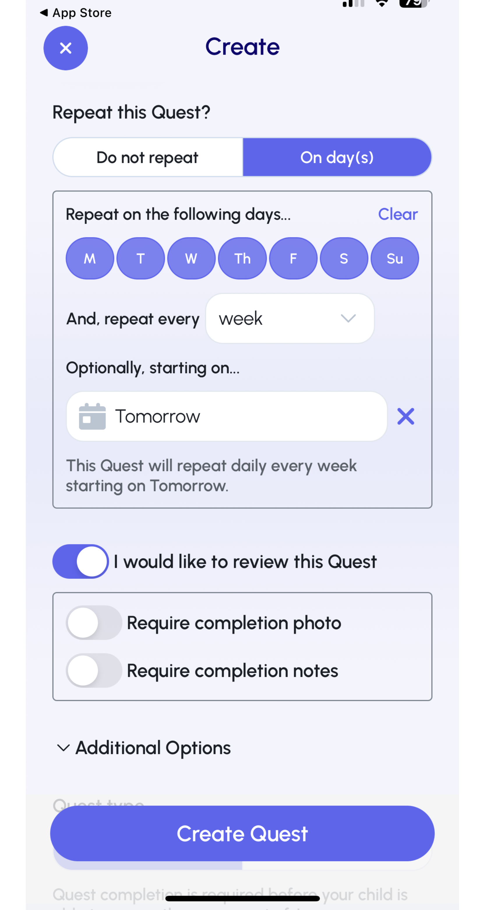 Screenshot of quest creation options in the Joon app
